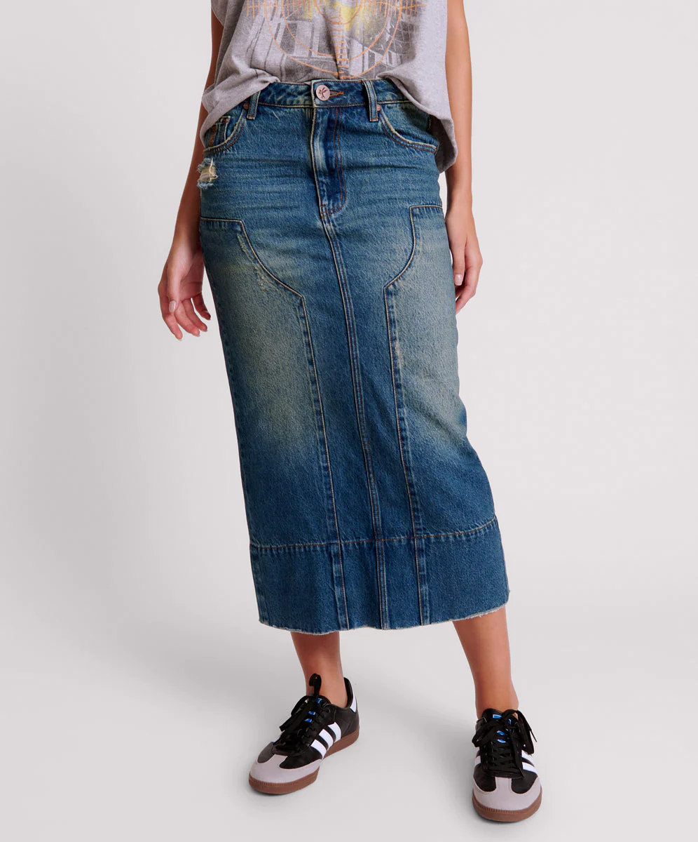 GRITTY BLUE CASSIDY MID WAIST LONG DENIM COLUMN SKIRT - Image 2