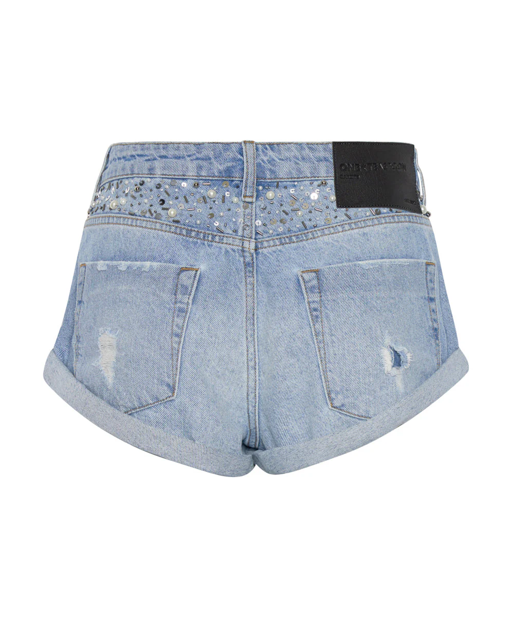 Bandits Low Waist Hand-Beaded Denim Shorts - Vintage Blue - Image 7