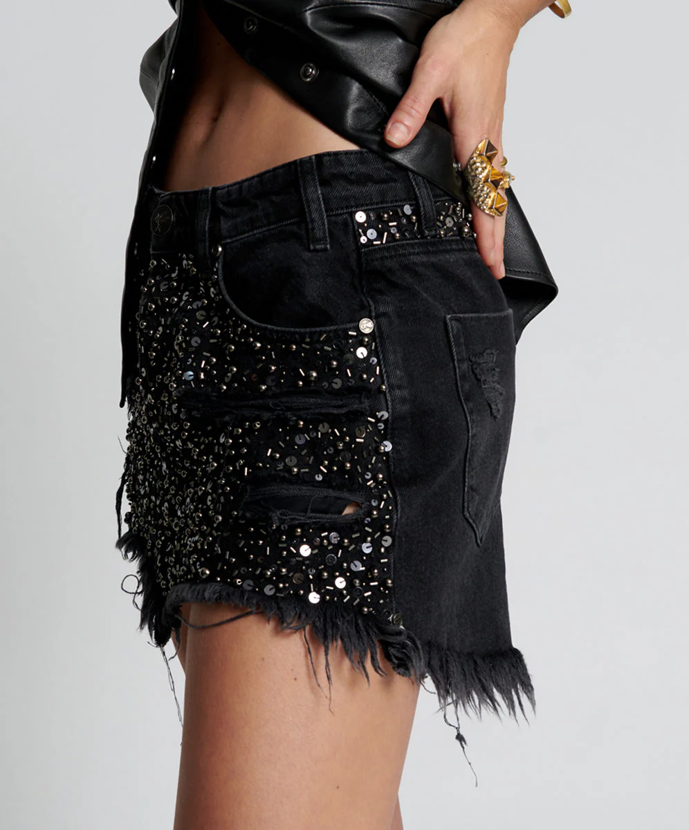 HAND BEADED JUNKYARD LOW WAIST DENIM SKIRT - Image 3