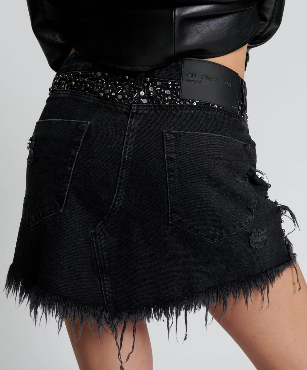 HAND BEADED JUNKYARD LOW WAIST DENIM SKIRT - Image 4