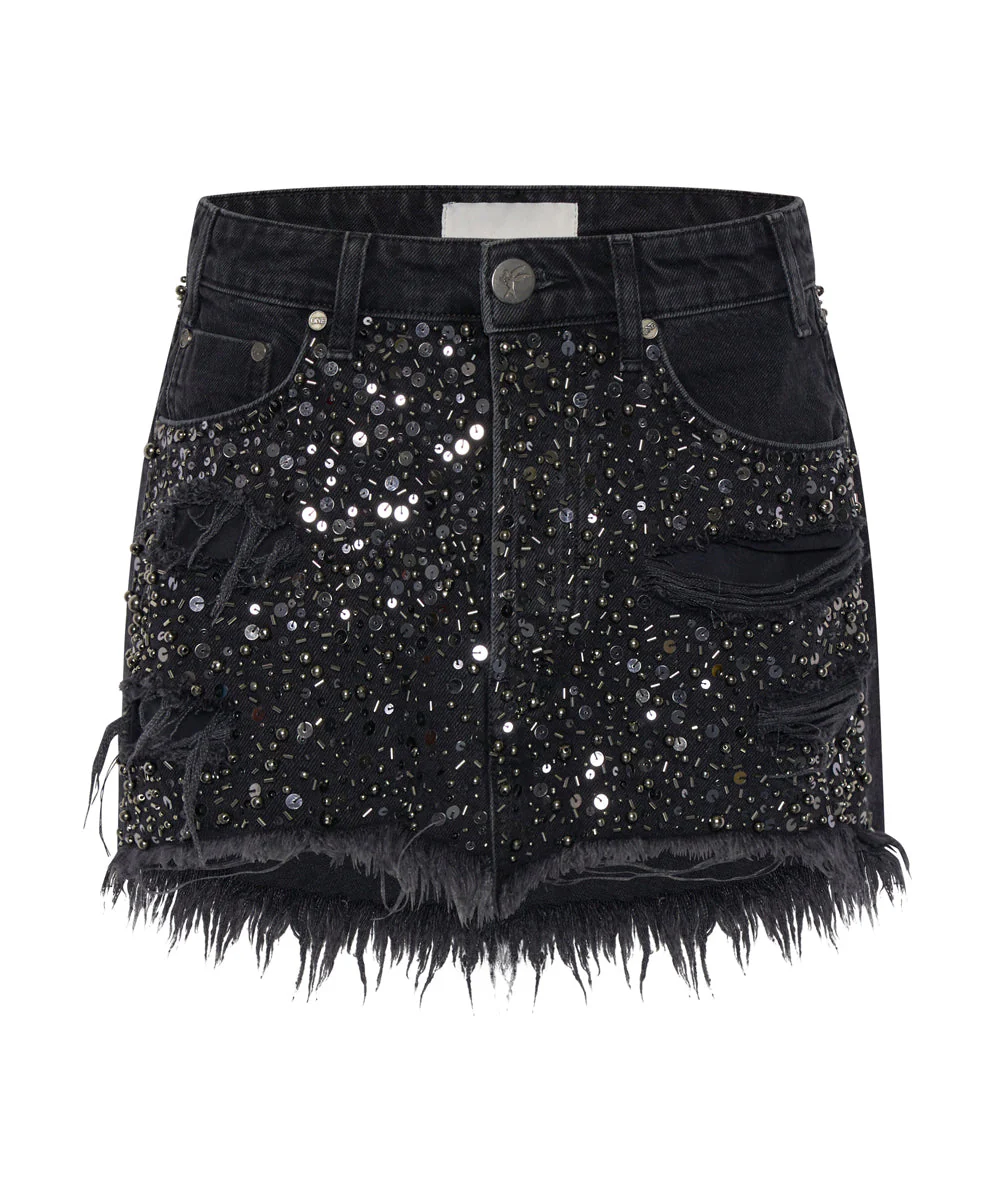 HAND BEADED JUNKYARD LOW WAIST DENIM SKIRT - Image 6