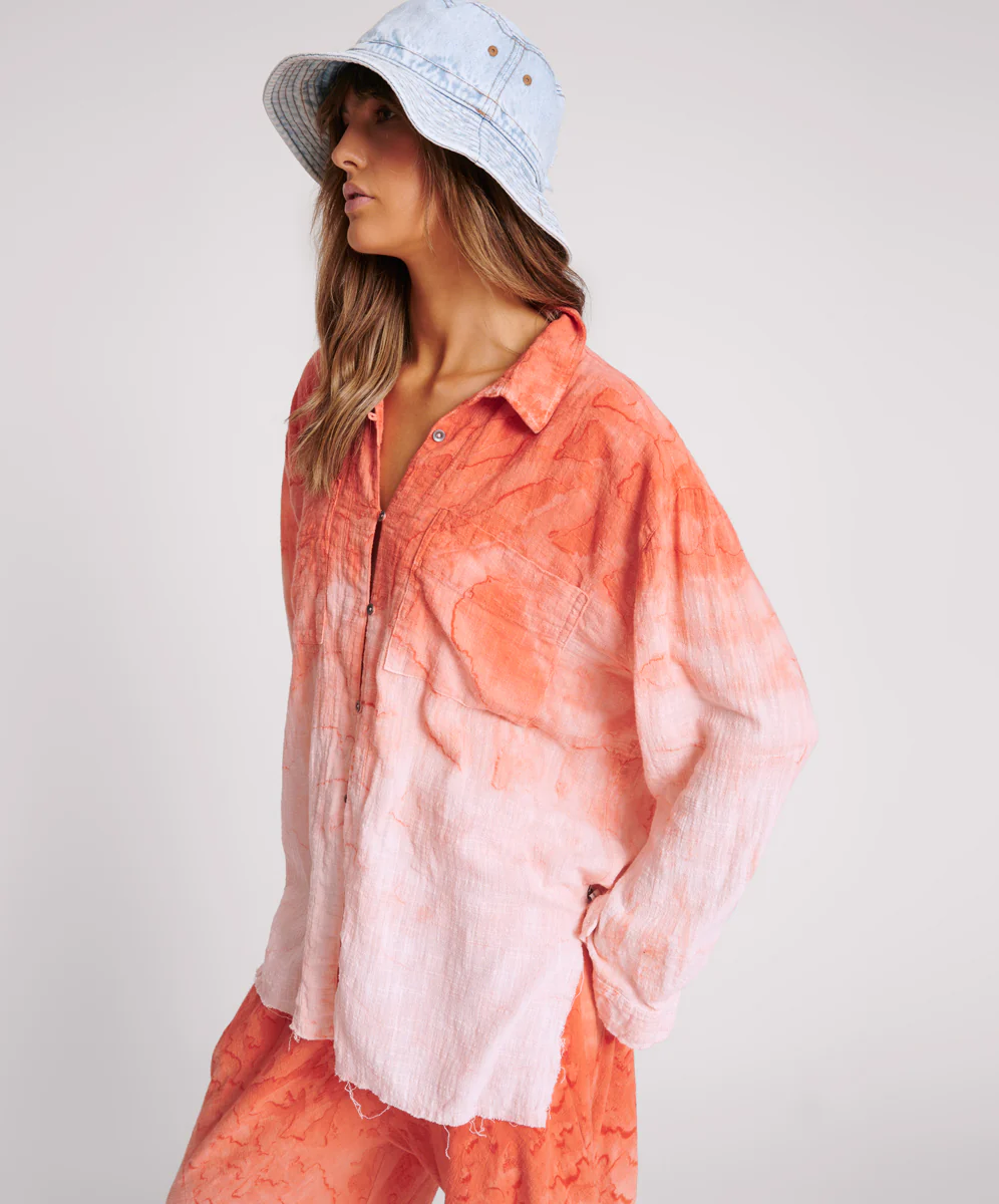 Hand Painted Sunset Muslin Longline Shirt - Coral - Image 2