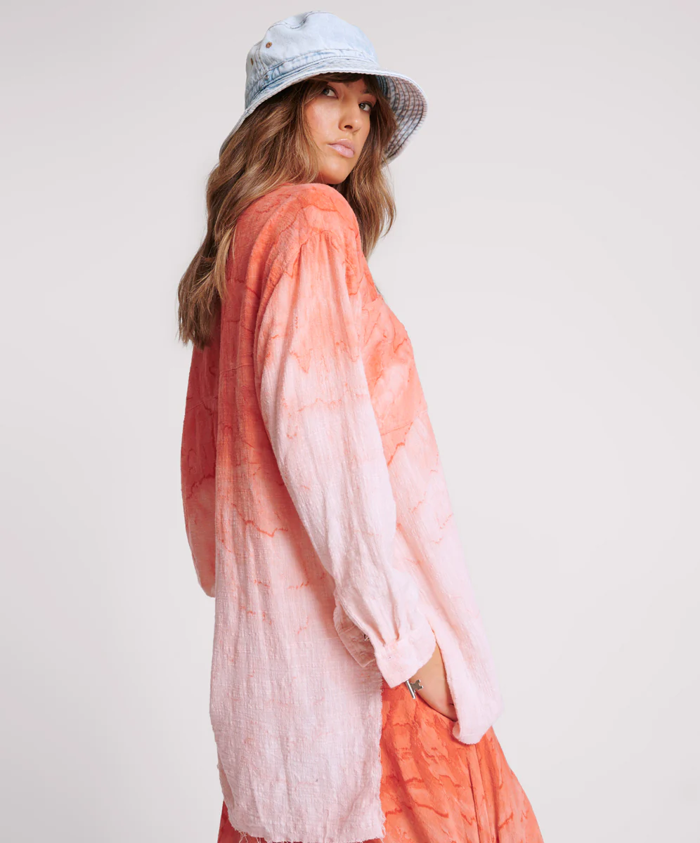Hand Painted Sunset Muslin Longline Shirt - Coral - Image 4