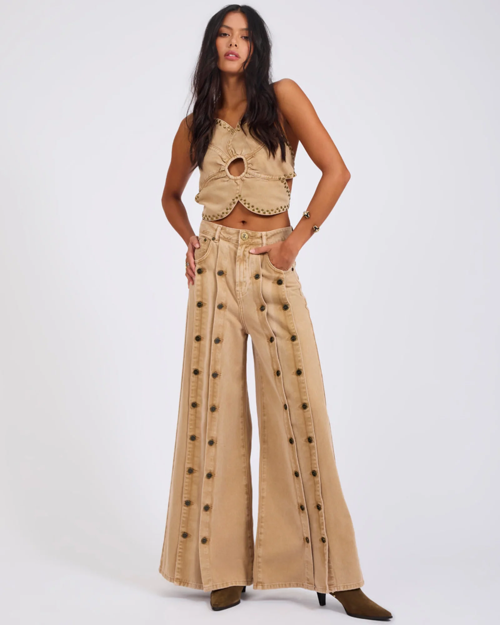 Hollywoods High Waist Wide Leg Denim Jeans - Warm Tan - Image 3