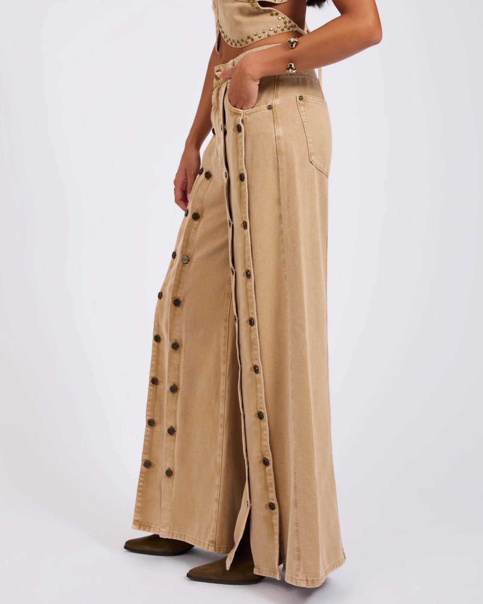 Hollywoods High Waist Wide Leg Denim Jeans - Warm Tan - Image 5