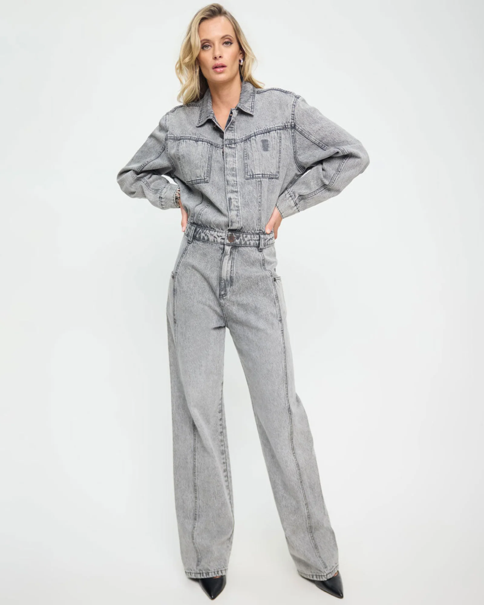 Icon Longsleeved Straight Leg Denim Jumpsuit - Soft Grey - Image 10