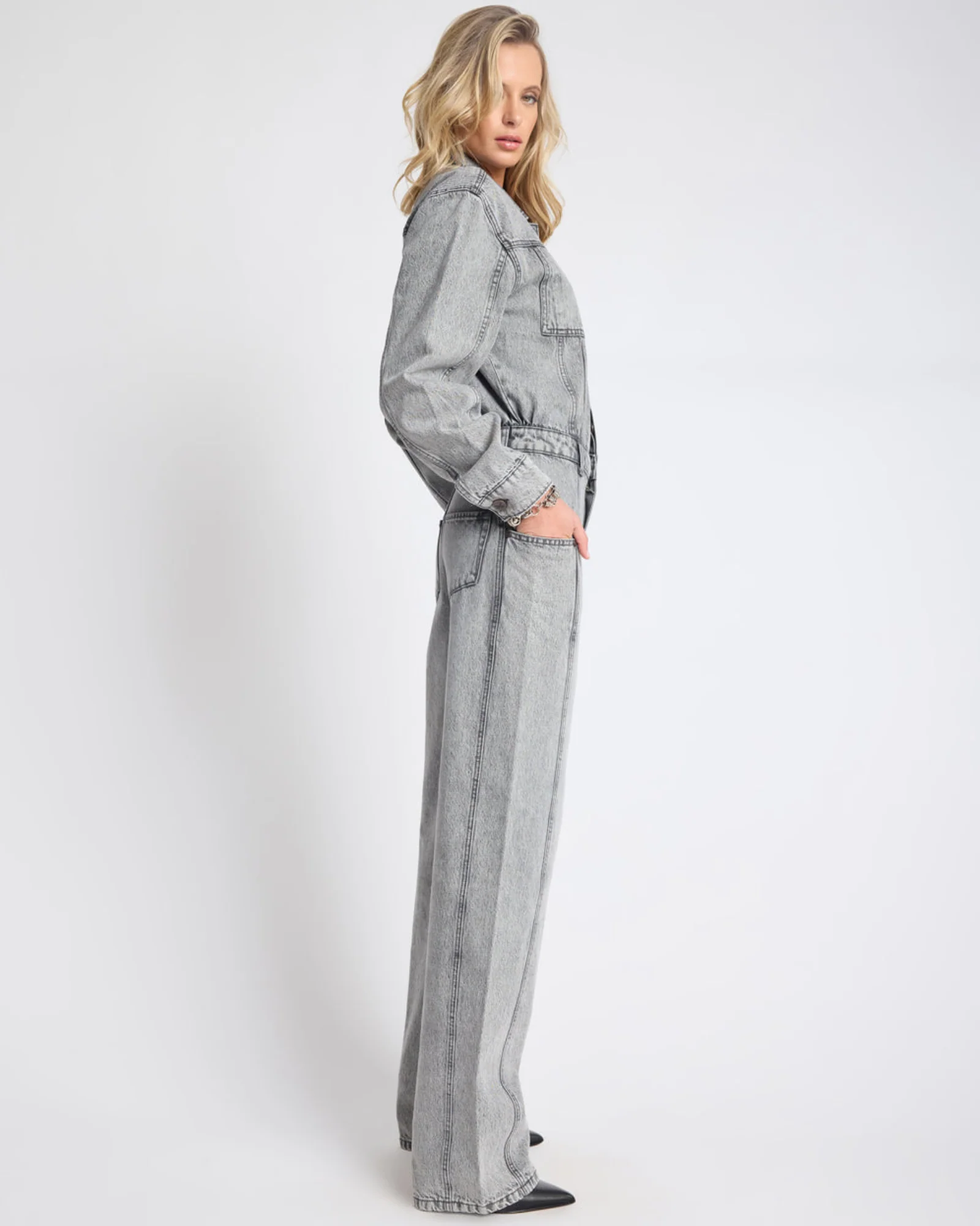 Icon Longsleeved Straight Leg Denim Jumpsuit - Soft Grey - Image 5