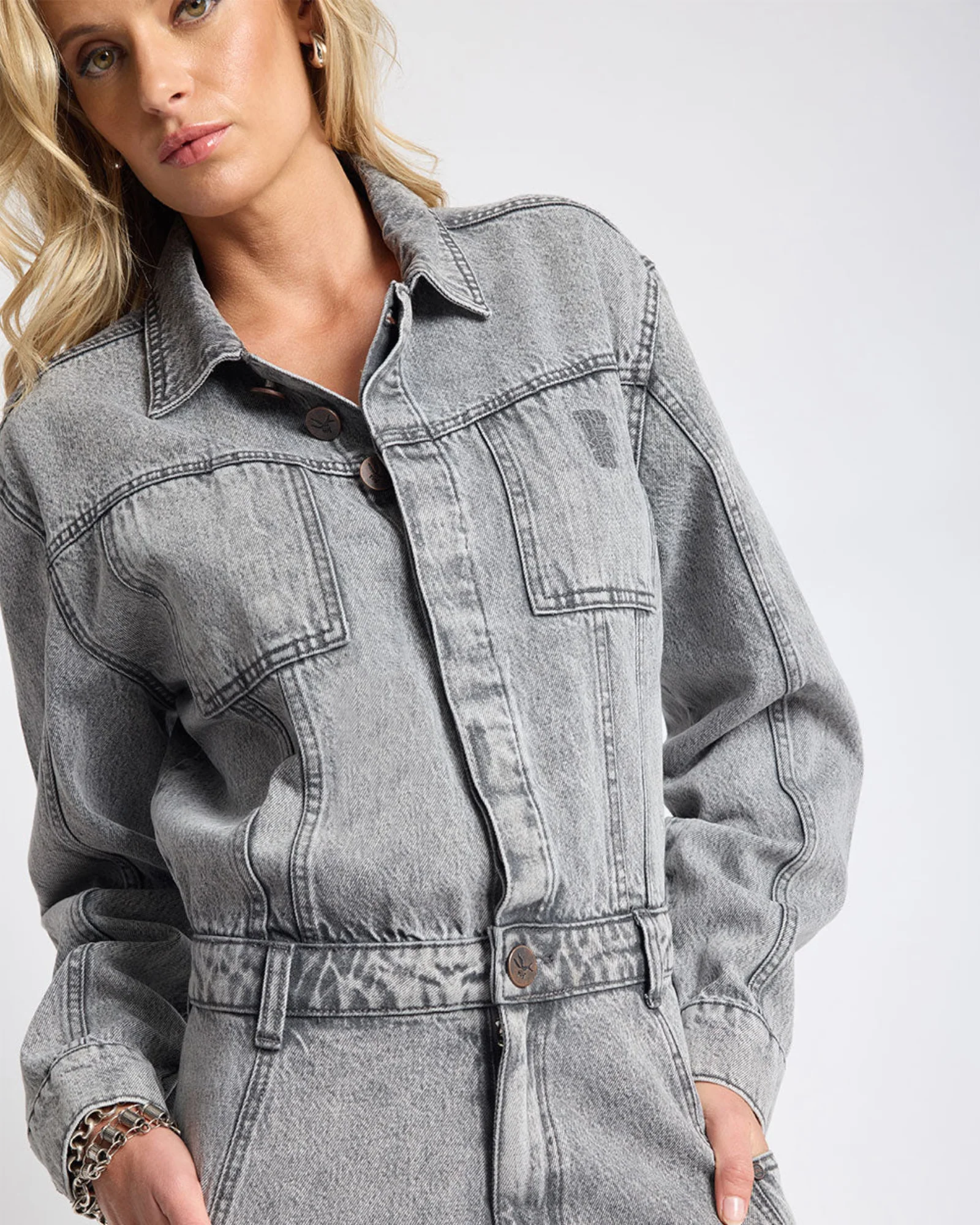 Icon Longsleeved Straight Leg Denim Jumpsuit - Soft Grey - Image 6
