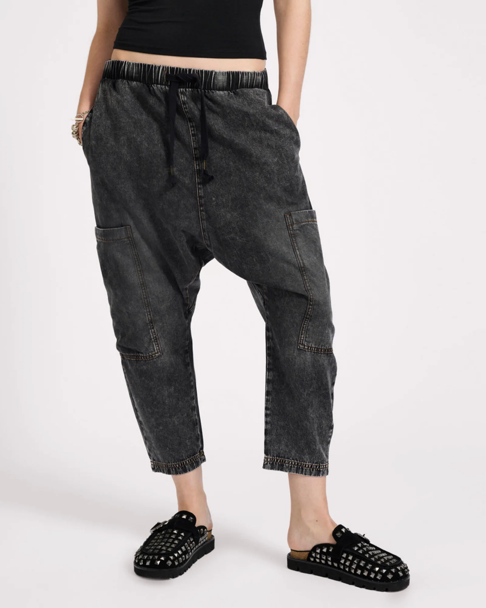 Isla Low Waist Drawstring Harem Denim Jeans - Charcoal Black - Image 3