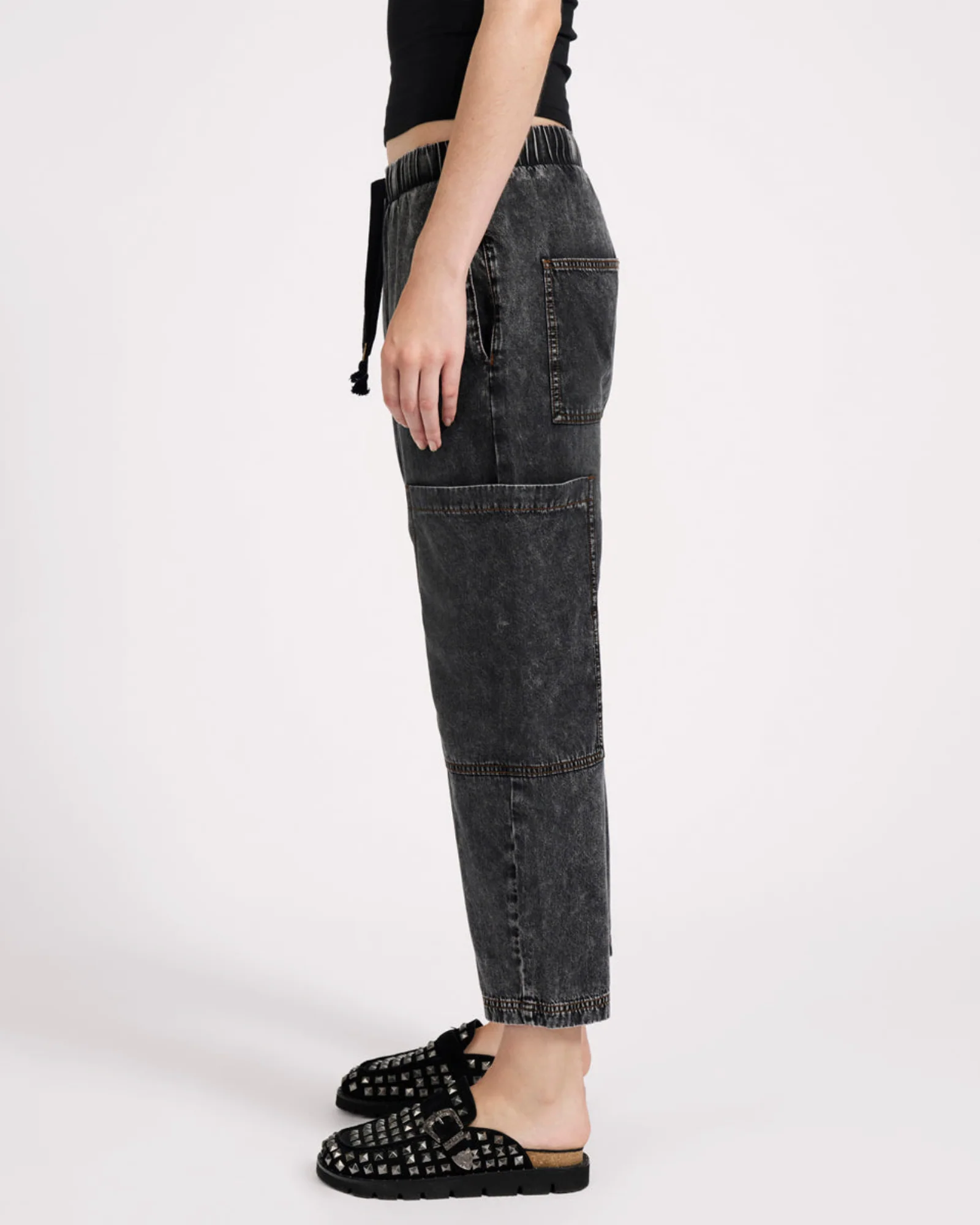 Isla Low Waist Drawstring Harem Denim Jeans - Charcoal Black - Image 4