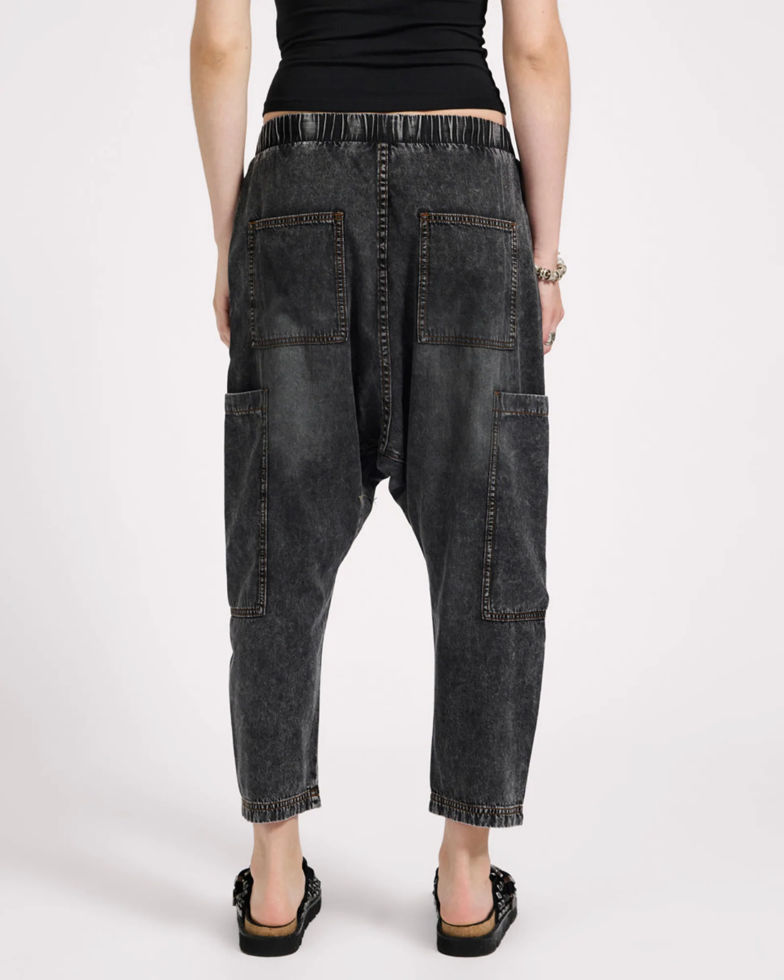 Isla Low Waist Drawstring Harem Denim Jeans - Charcoal Black - Image 5