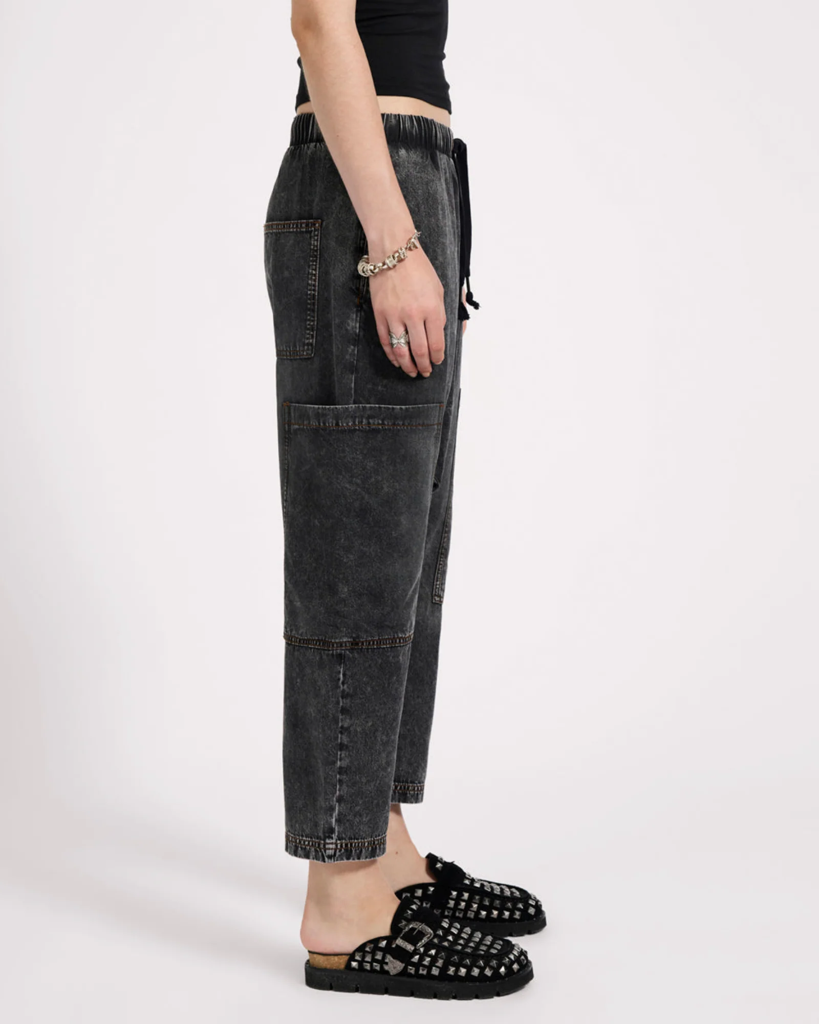 Isla Low Waist Drawstring Harem Denim Jeans - Charcoal Black - Image 6