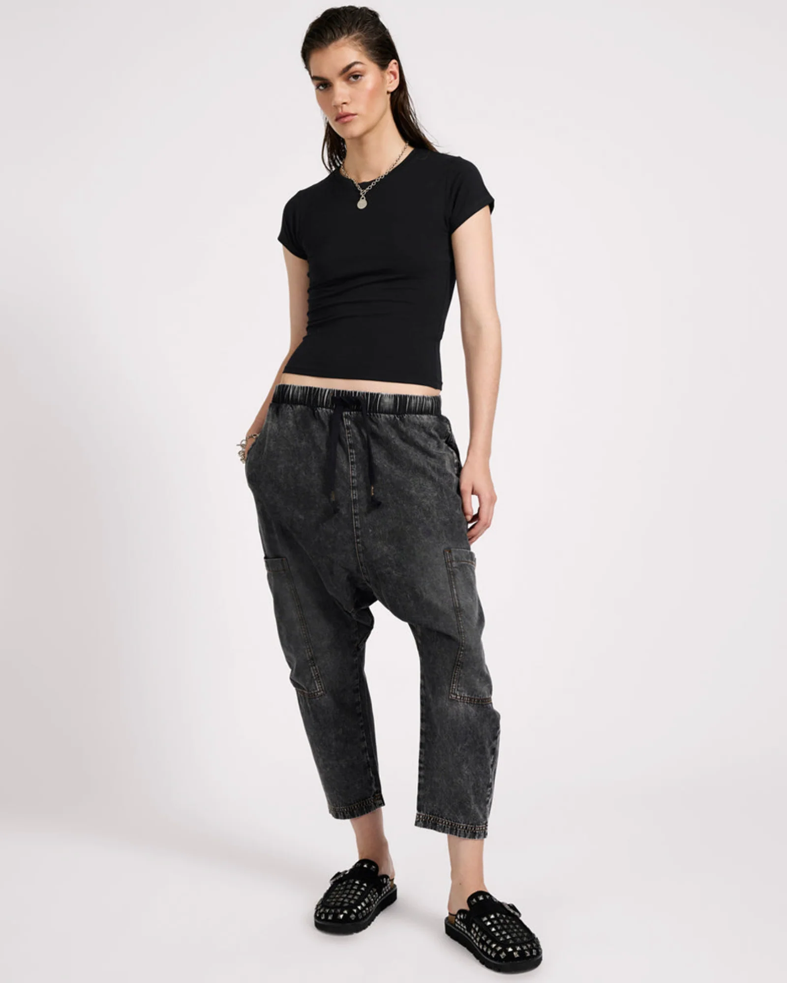 Isla Low Waist Drawstring Harem Denim Jeans - Charcoal Black - Image 7