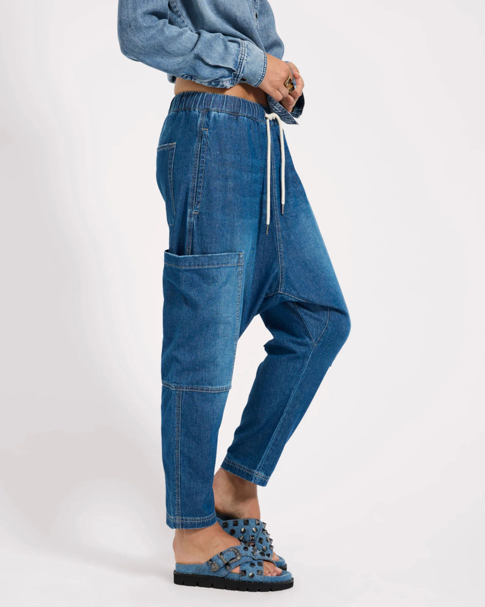 Isla Low Waist Drawstring Harem Denim Jeans - Image 5