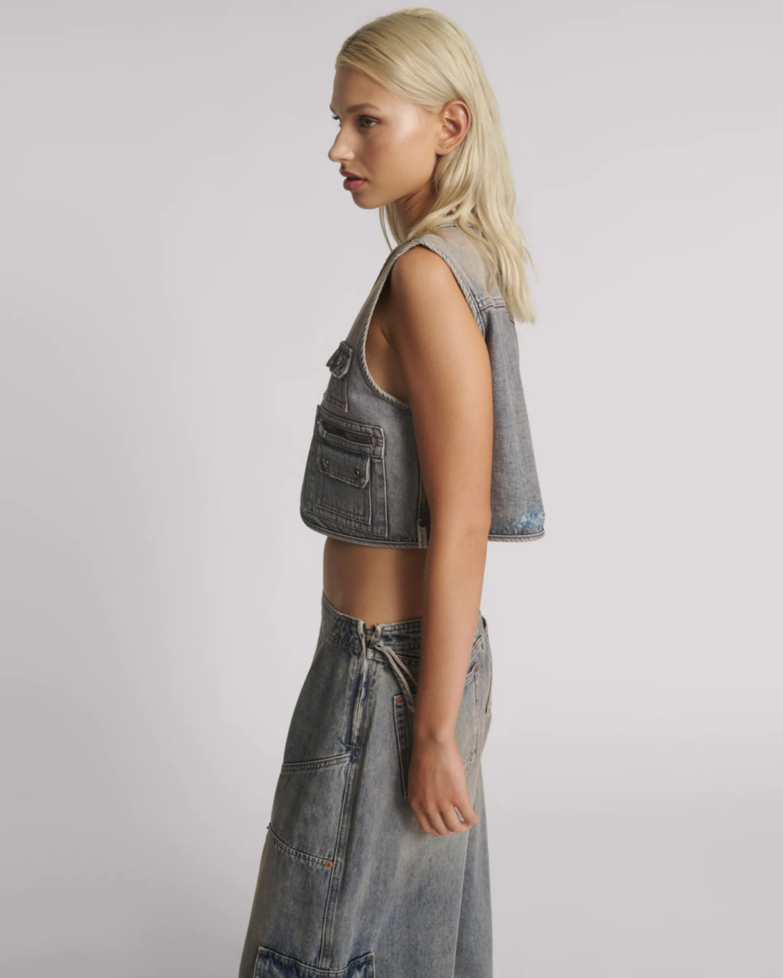 Cropped Denim Utility Vest - Island Blue - Image 2