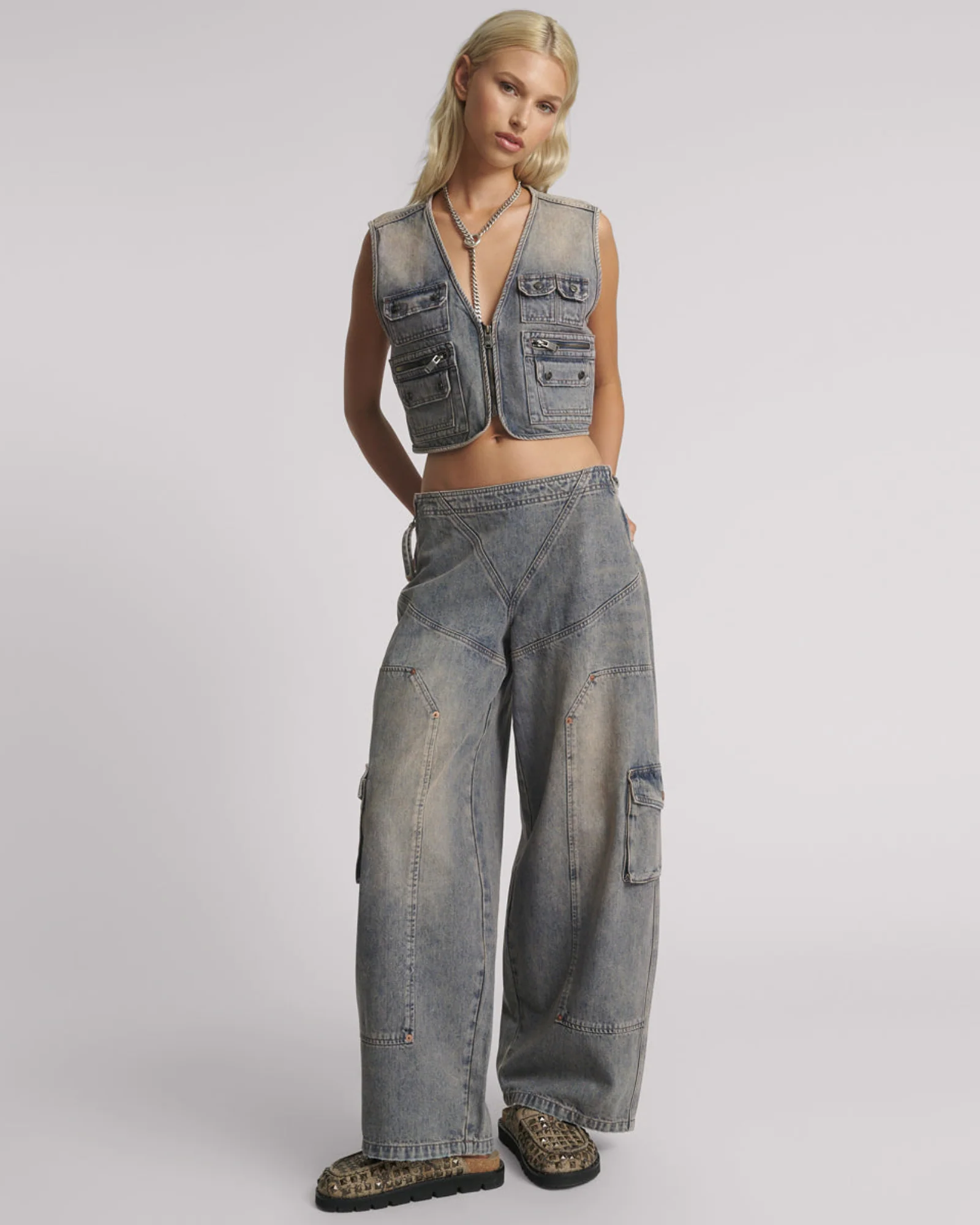 Cropped Denim Utility Vest - Island Blue - Image 5