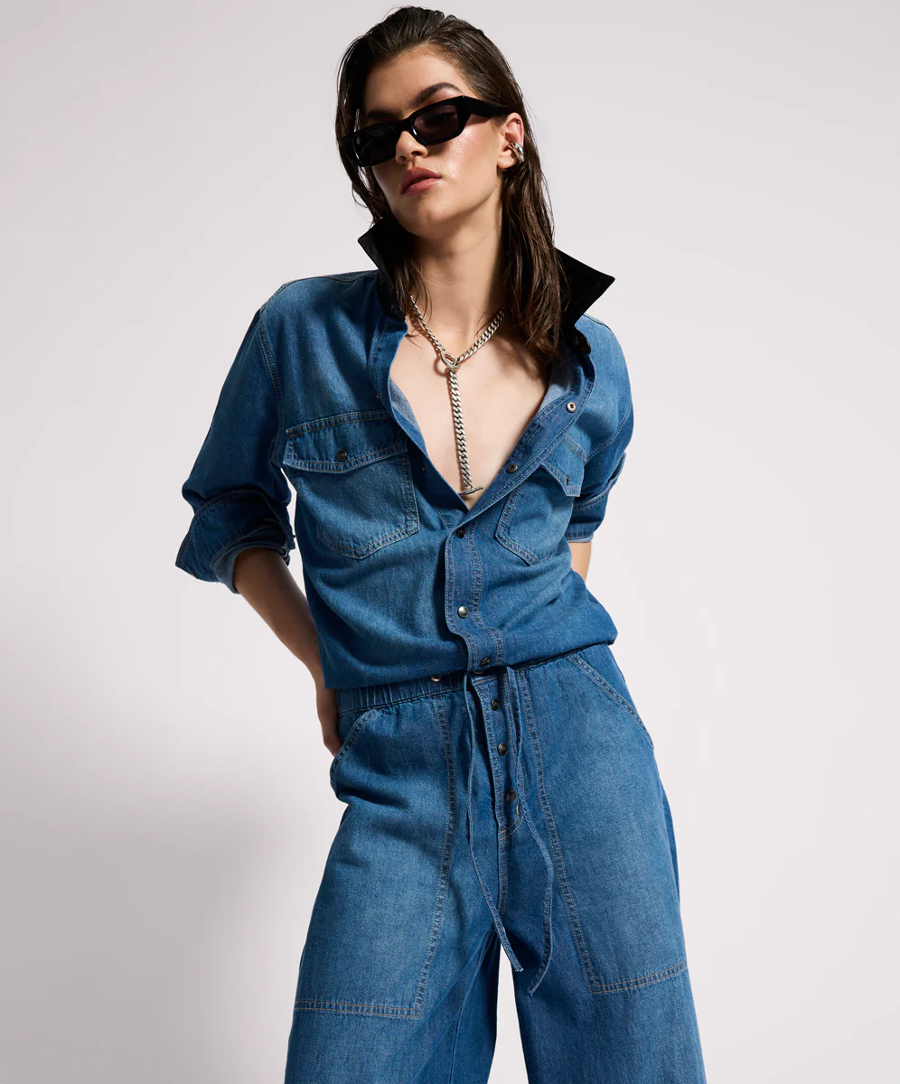 Izzy Drawstring Boiler Denim Jumpsuit - Blue Pasadena - Image 7