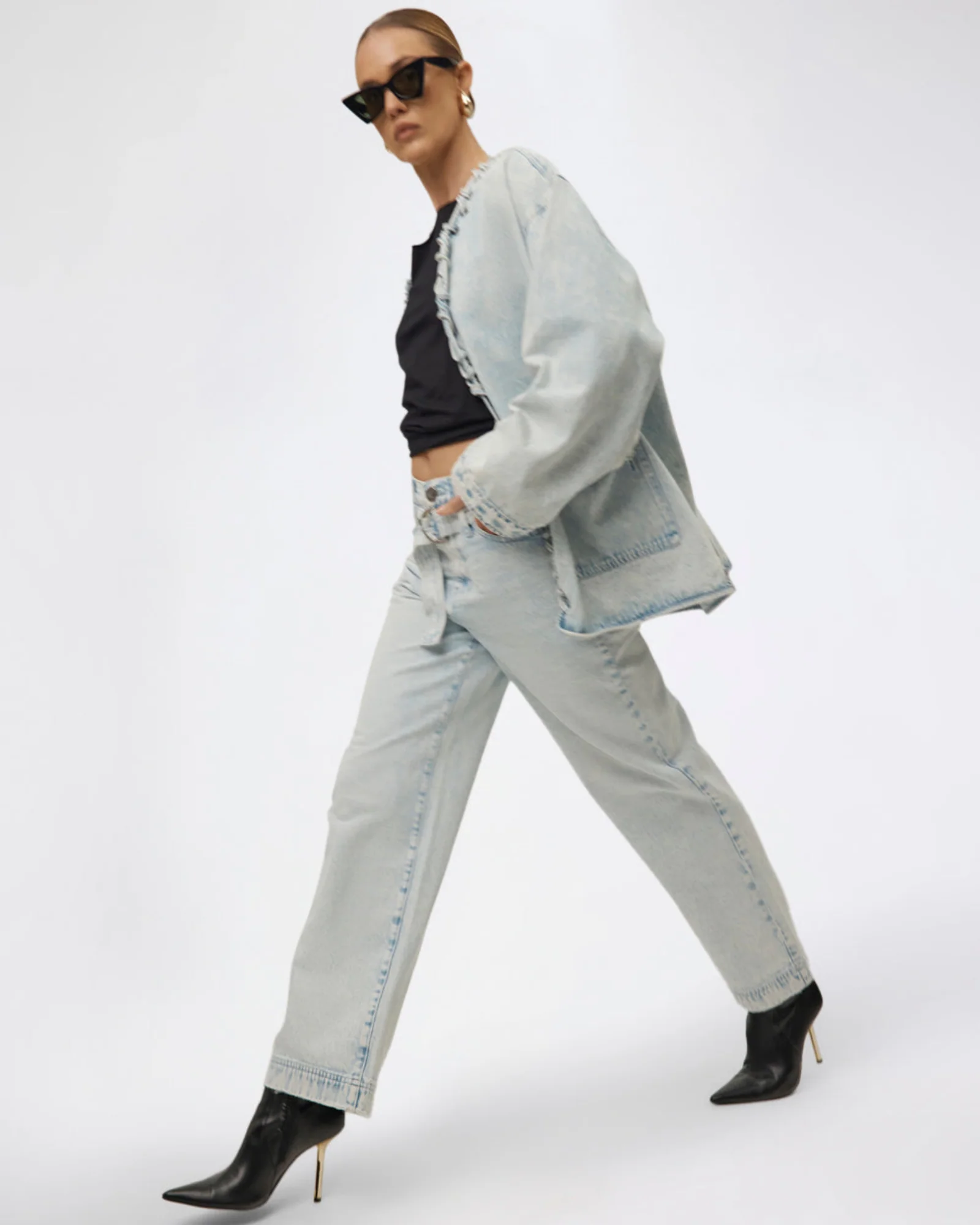 Jackson Belted Mid Waist Wide Leg Denim Jeans - Beach Blue