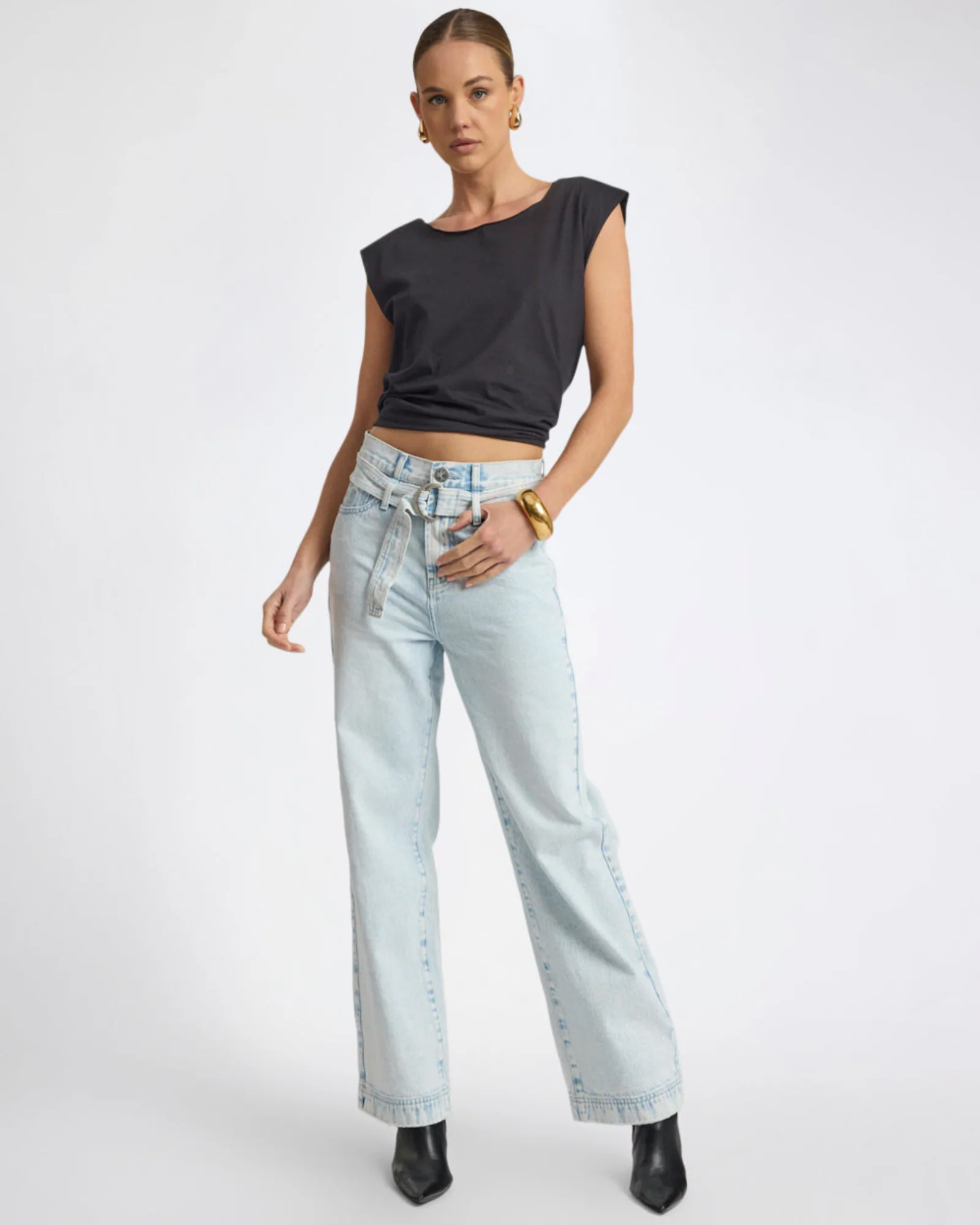 Jackson Belted Mid Waist Wide Leg Denim Jeans - Beach Blue - Image 11