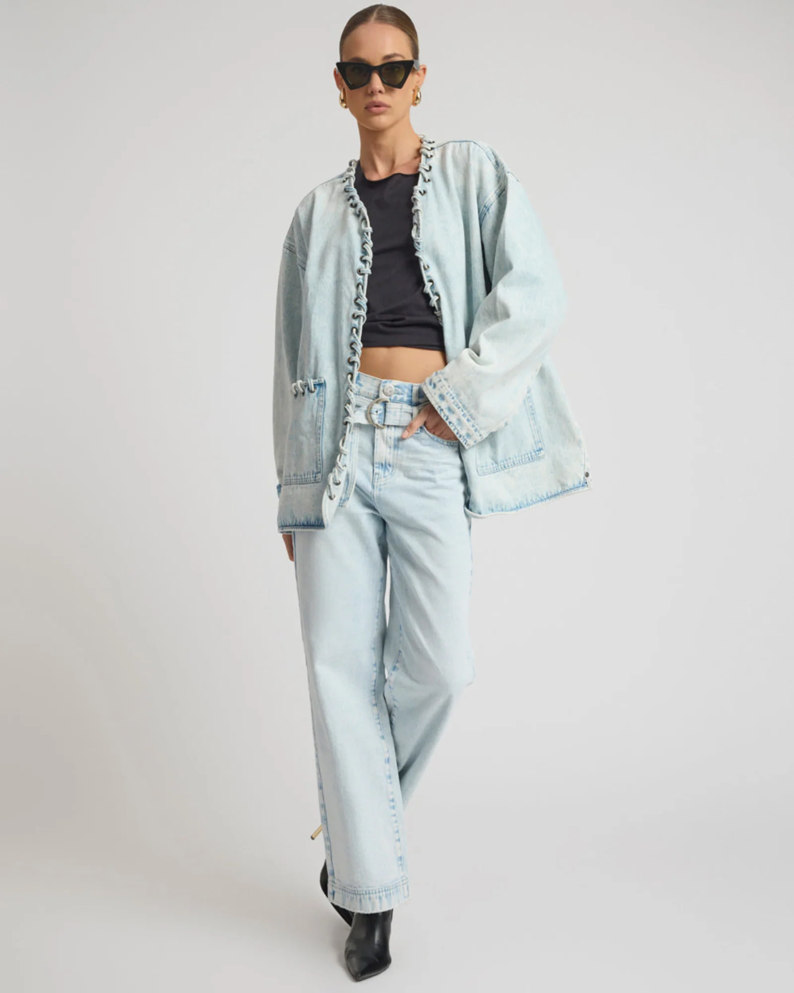 Jackson Belted Mid Waist Wide Leg Denim Jeans - Beach Blue - Image 12