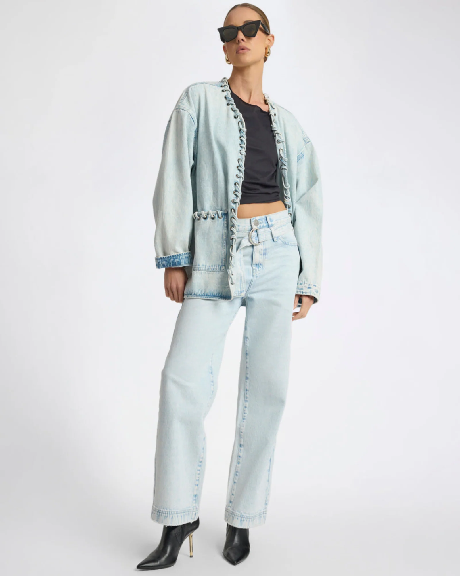Jackson Belted Mid Waist Wide Leg Denim Jeans - Beach Blue - Image 13