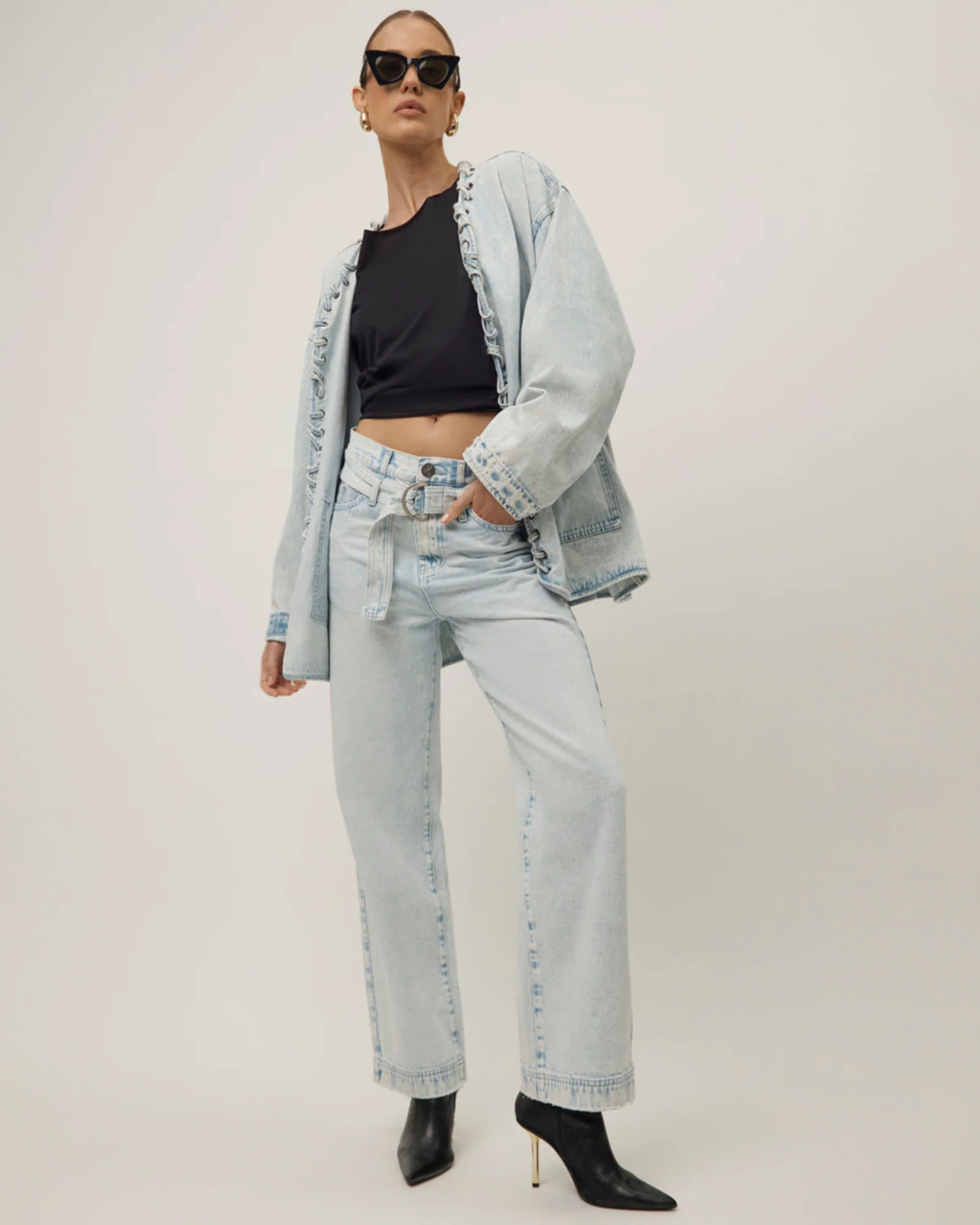 Jackson Belted Mid Waist Wide Leg Denim Jeans - Beach Blue - Image 14