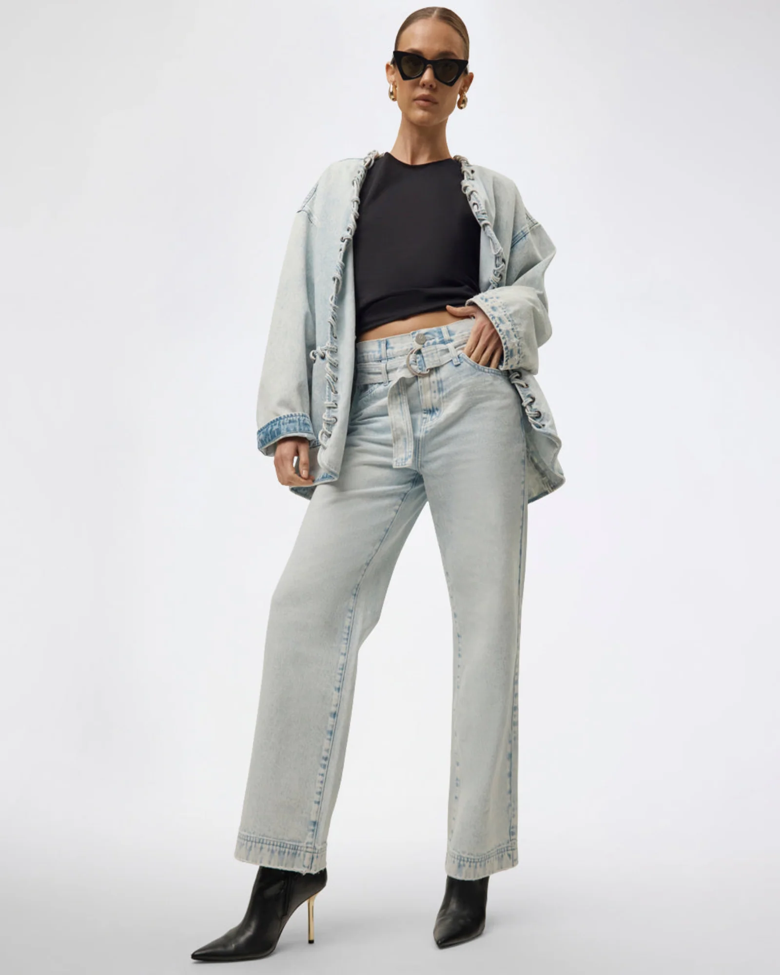 Jackson Belted Mid Waist Wide Leg Denim Jeans - Beach Blue - Image 2
