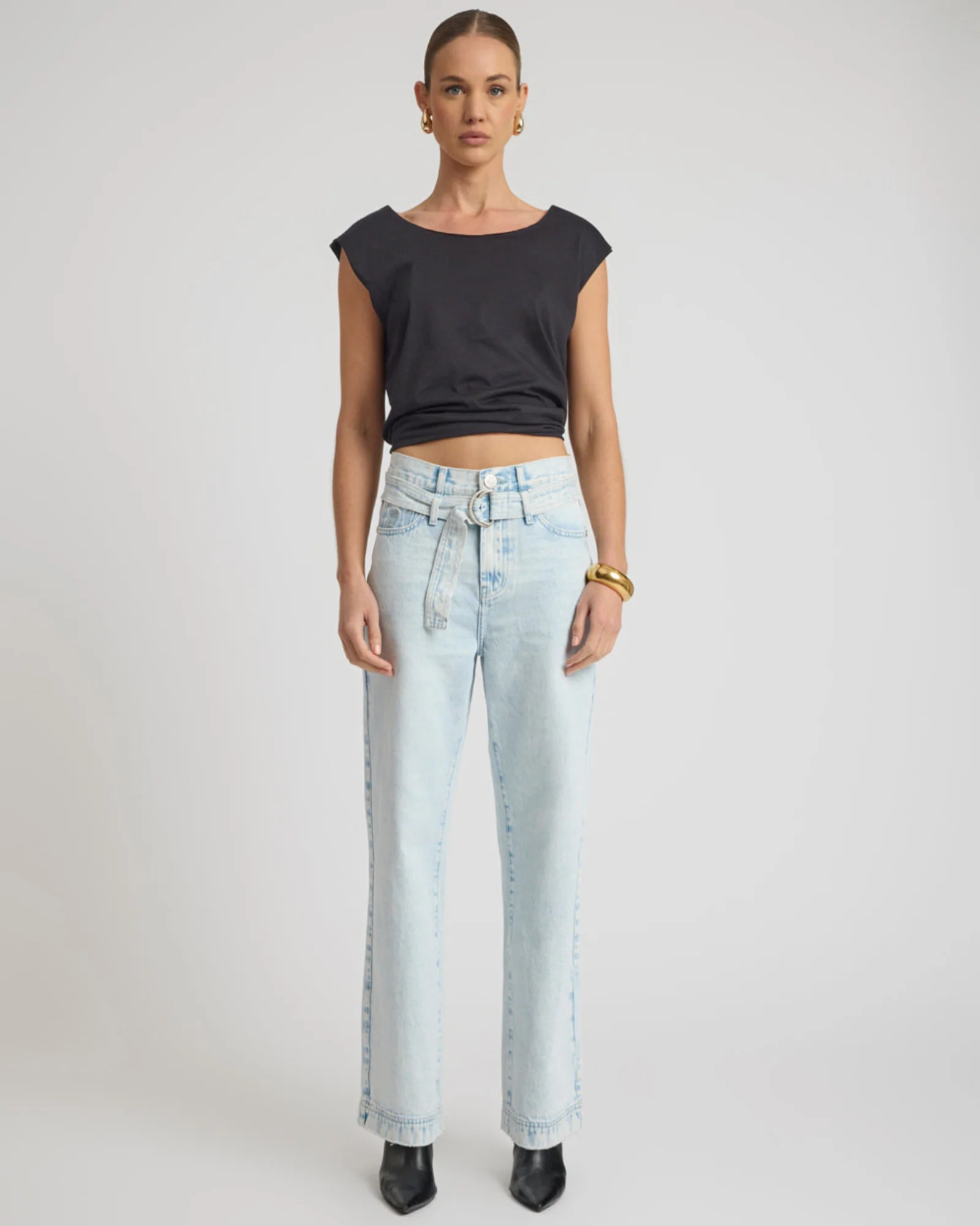 Jackson Belted Mid Waist Wide Leg Denim Jeans - Beach Blue - Image 3