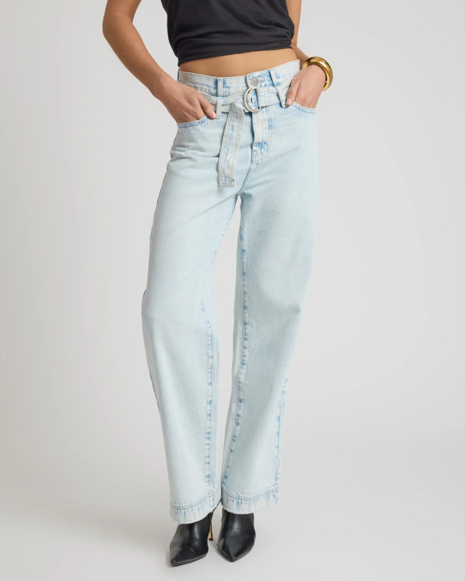 Jackson Belted Mid Waist Wide Leg Denim Jeans - Beach Blue - Image 4