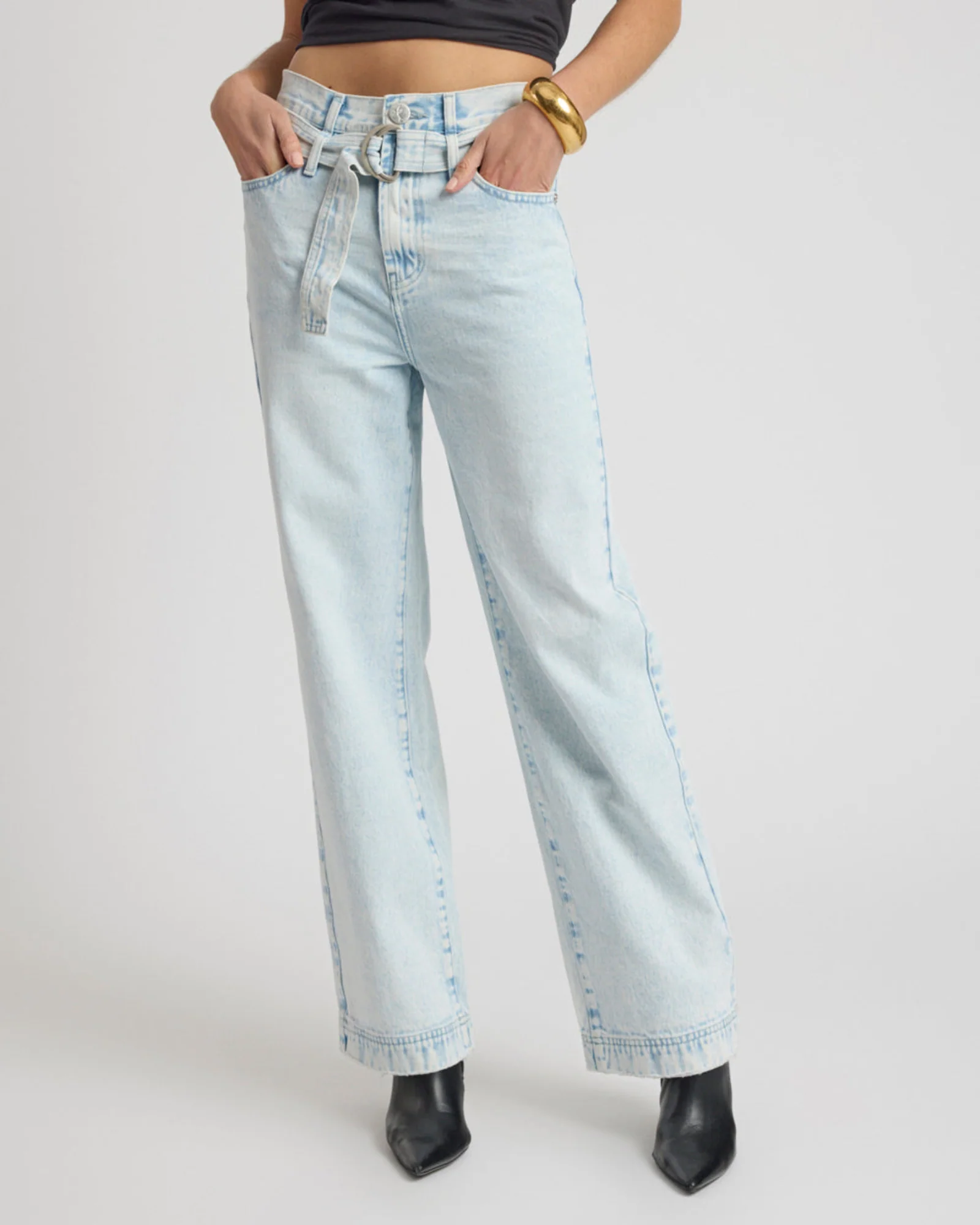 Jackson Belted Mid Waist Wide Leg Denim Jeans - Beach Blue - Image 5
