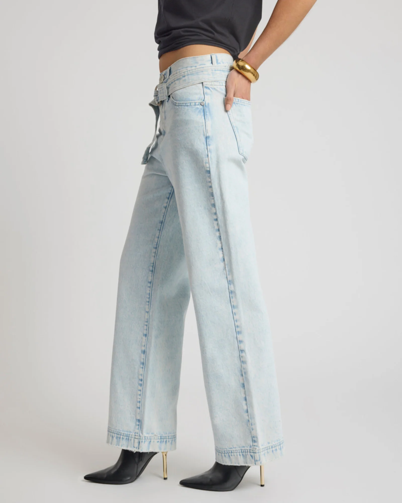 Jackson Belted Mid Waist Wide Leg Denim Jeans - Beach Blue - Image 6