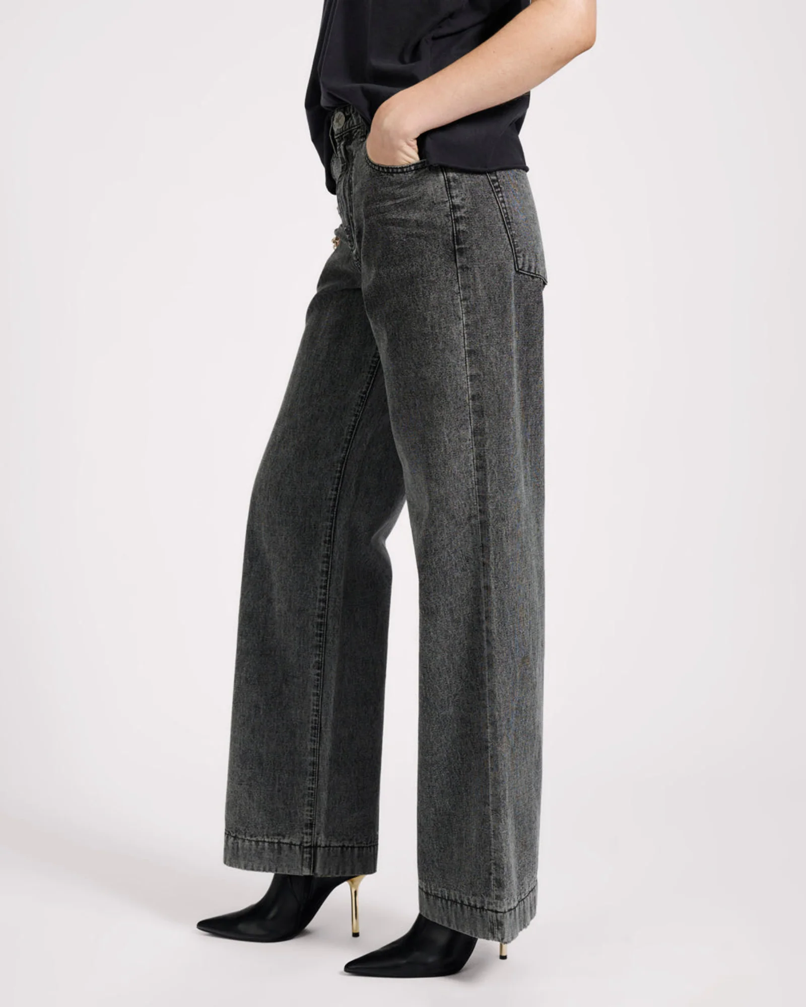 Jackson Mid Waist Wide Leg Denim Jeans - Worn Black - Image 4
