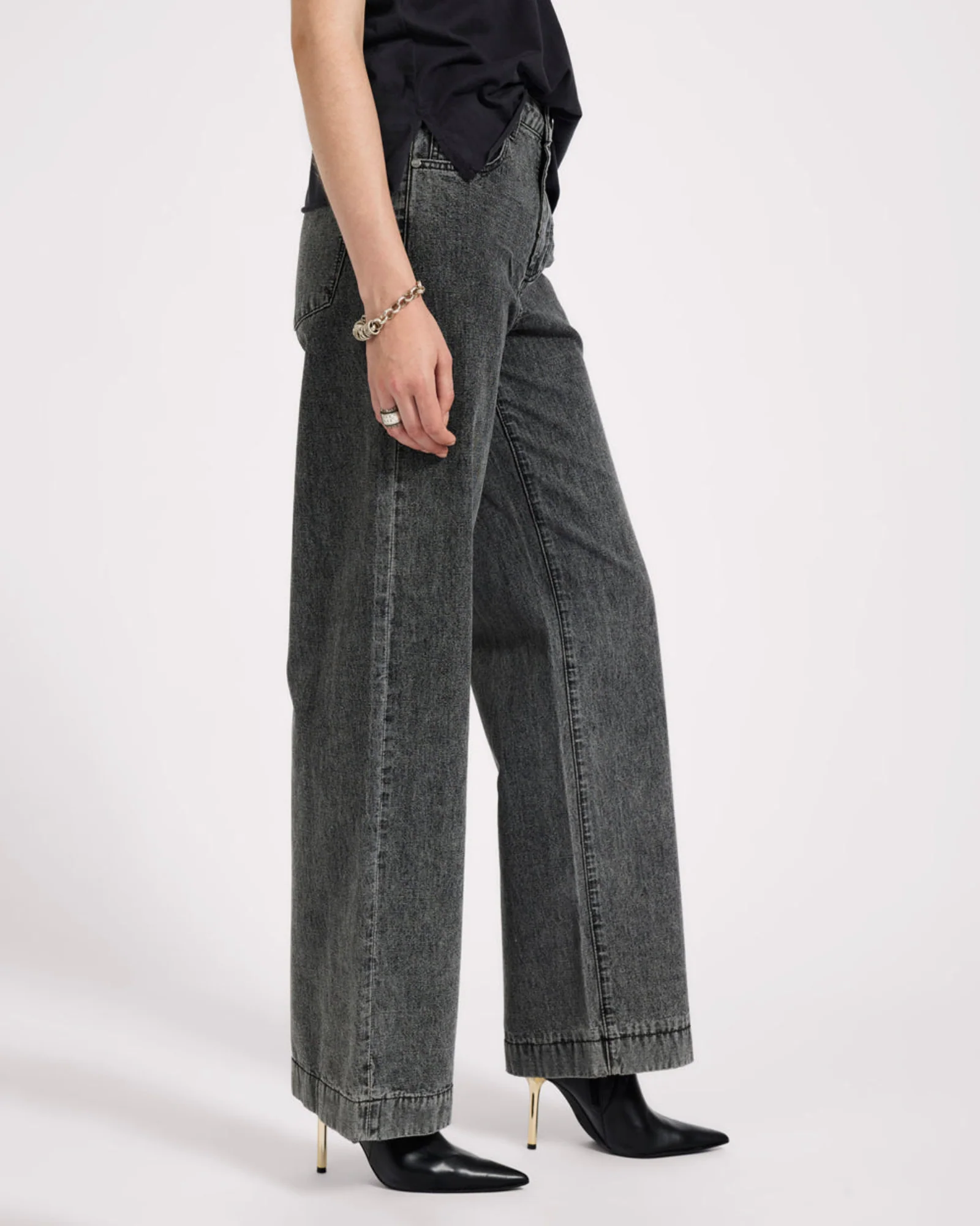 Jackson Mid Waist Wide Leg Denim Jeans - Worn Black - Image 6