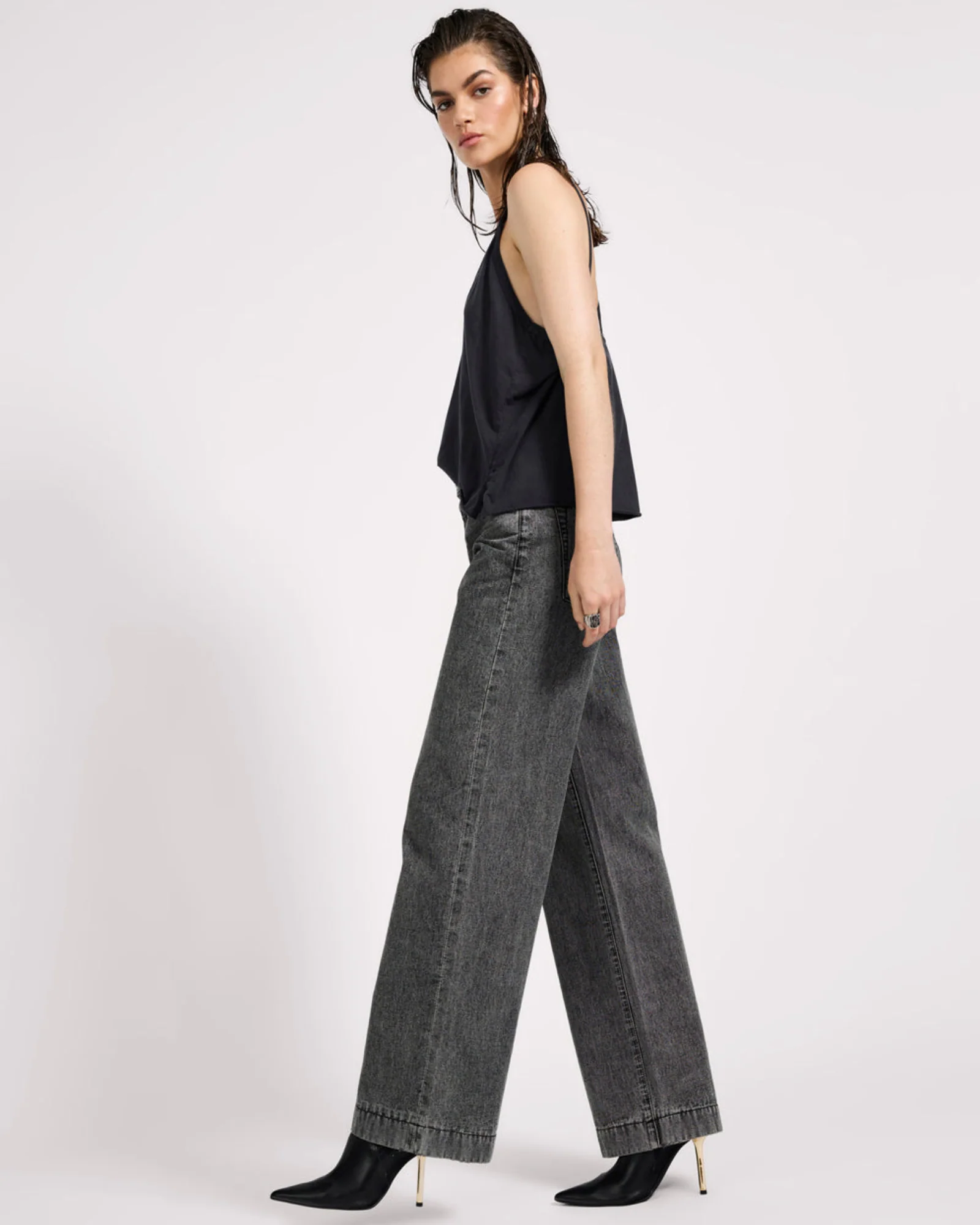 Jackson Mid Waist Wide Leg Denim Jeans - Worn Black - Image 8
