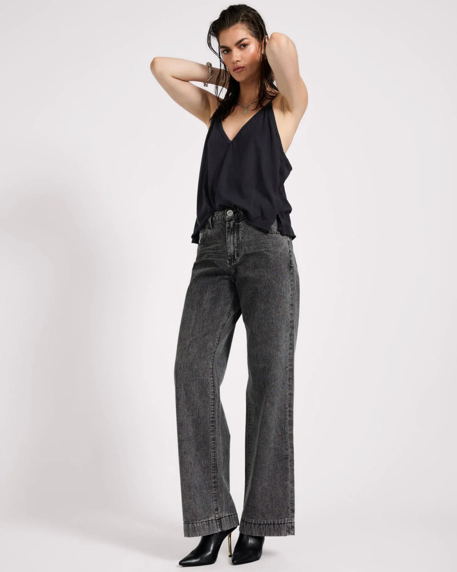 Jackson Mid Waist Wide Leg Denim Jeans - Worn Black - Image 9