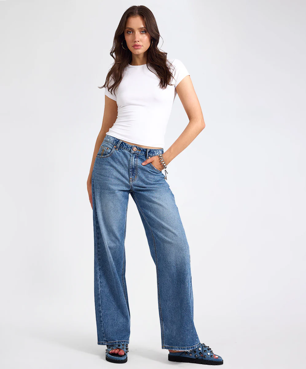 Jackson Mid Waist Wide Leg Denim Jeans - Hoodlum Blue