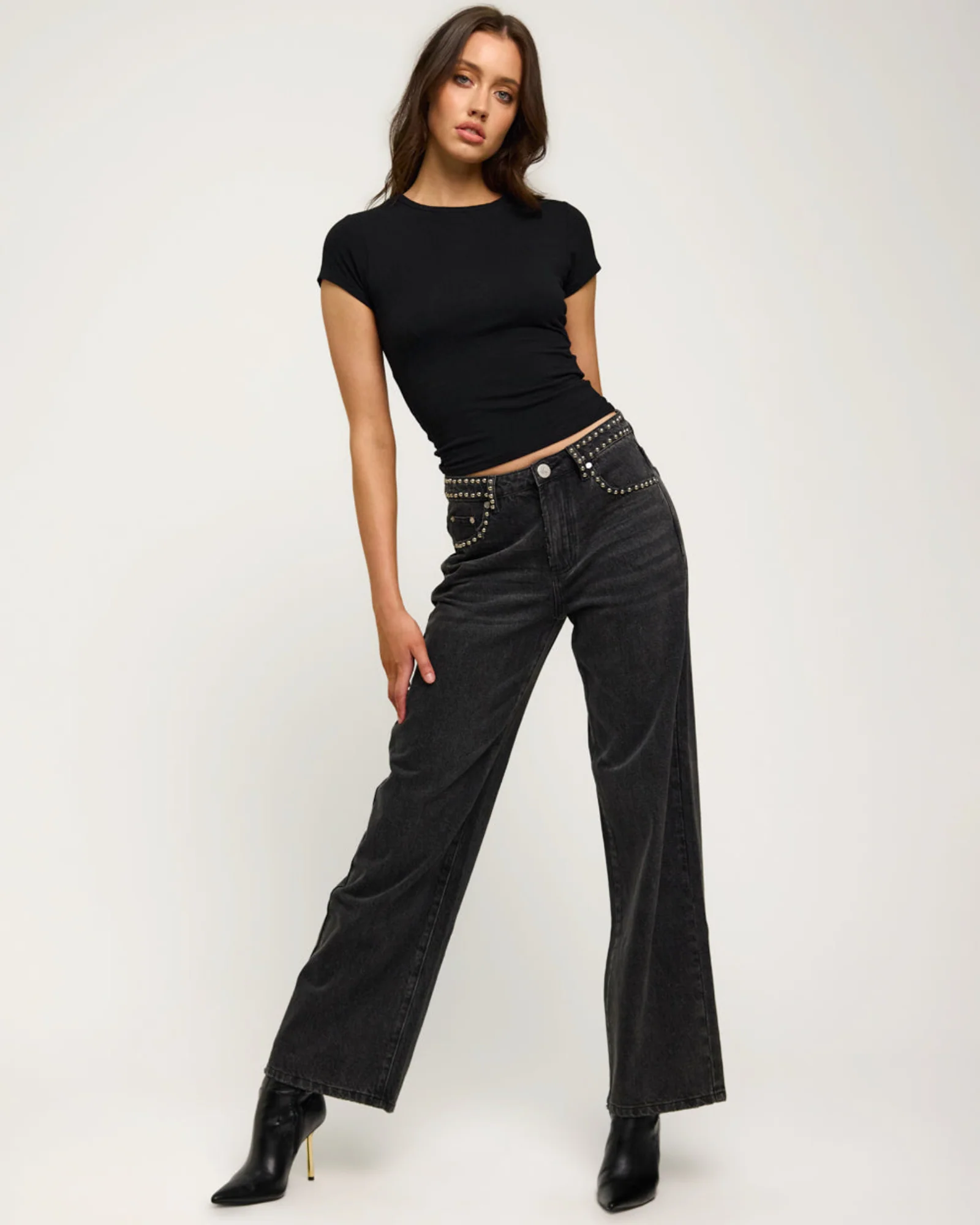 Jackson Mid Waist Wide Leg Studded Denim Jeans - Black - Image 10