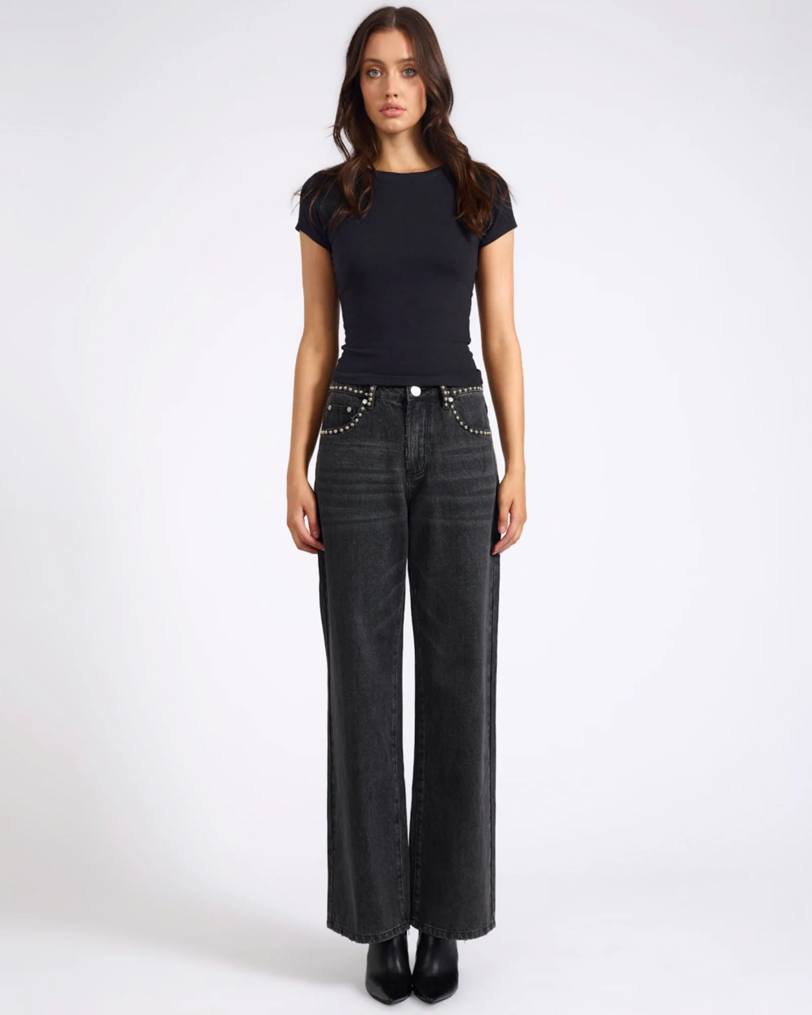 Jackson Mid Waist Wide Leg Studded Denim Jeans - Black - Image 2