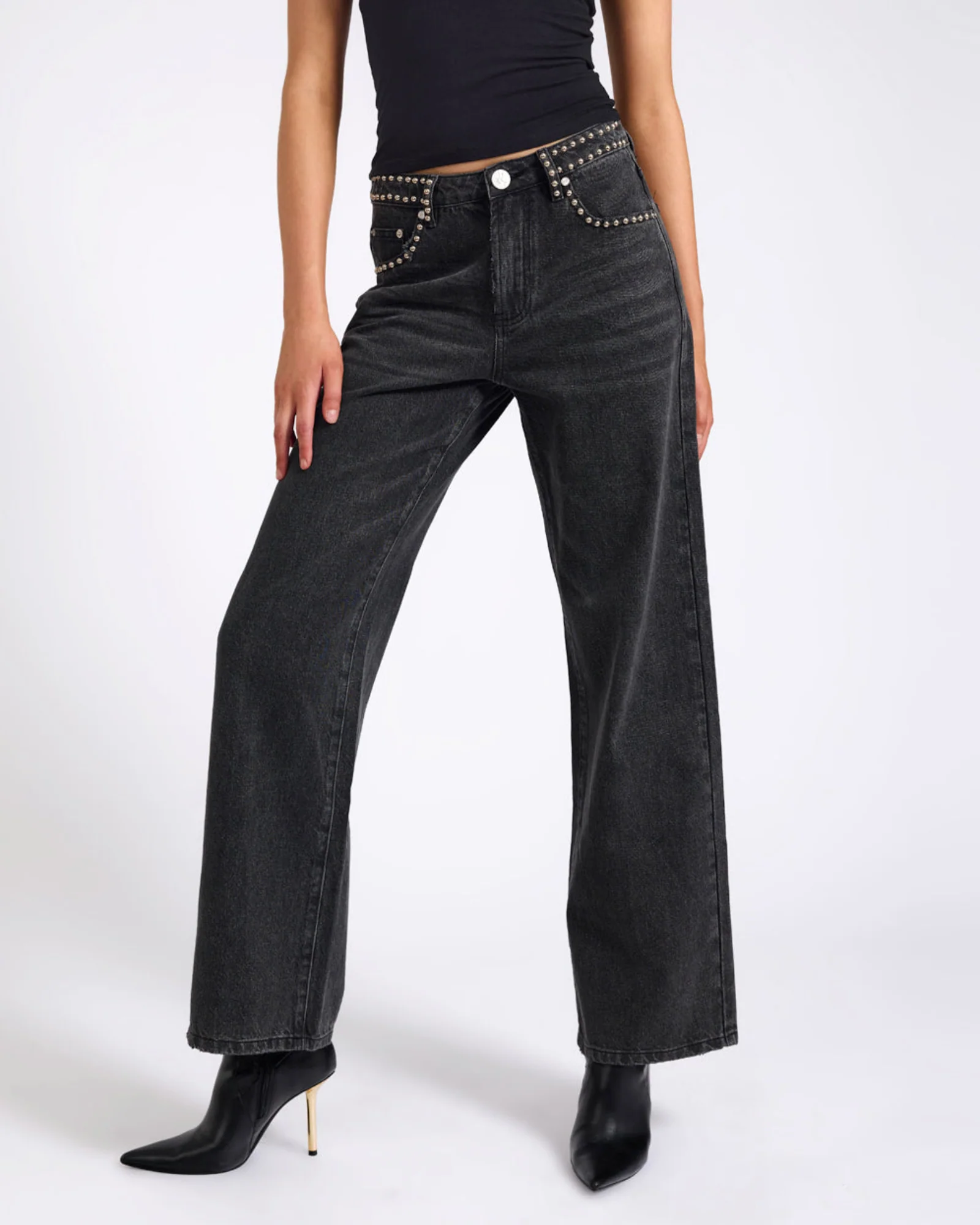 Jackson Mid Waist Wide Leg Studded Denim Jeans - Black - Image 4