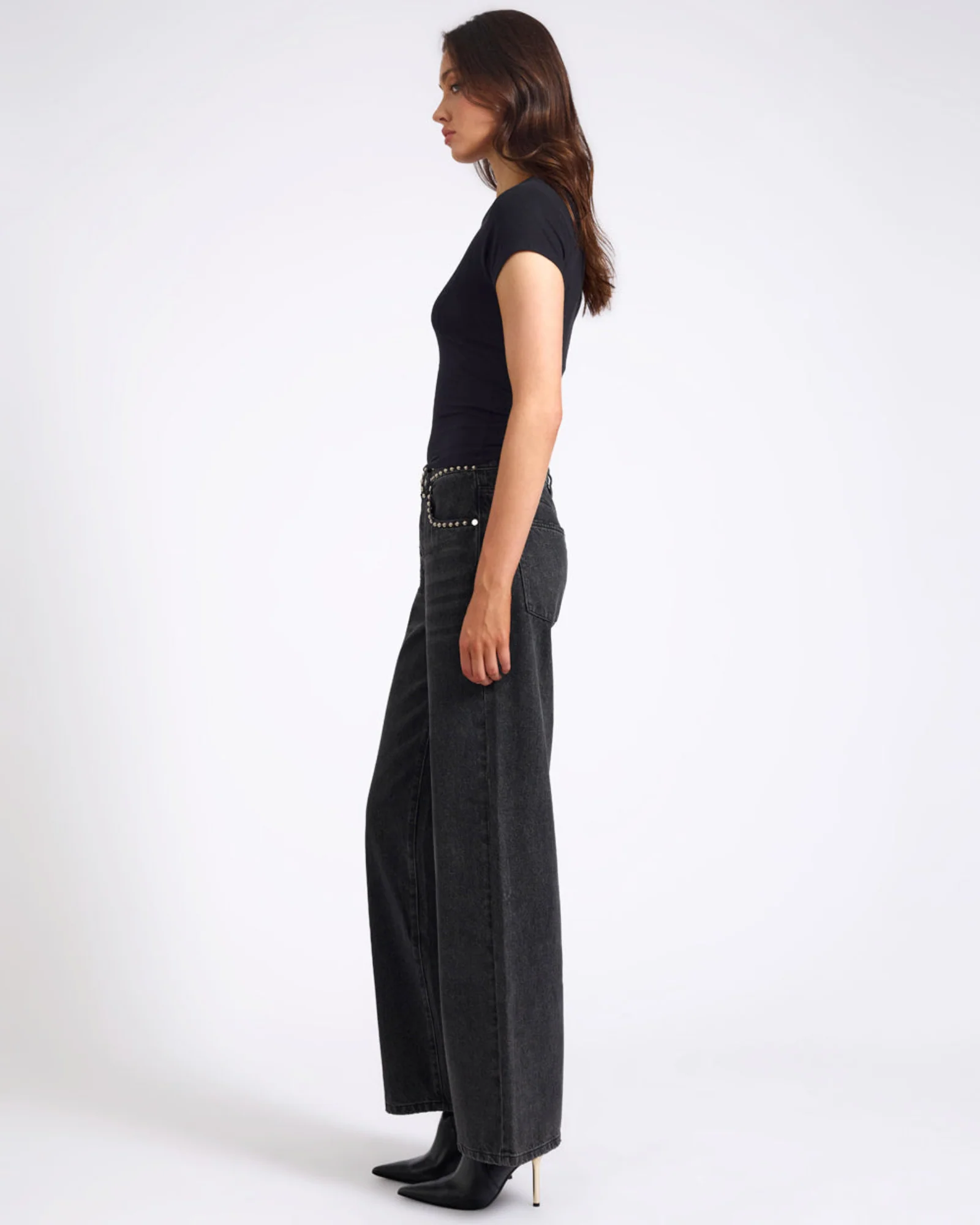 Jackson Mid Waist Wide Leg Studded Denim Jeans - Black - Image 5