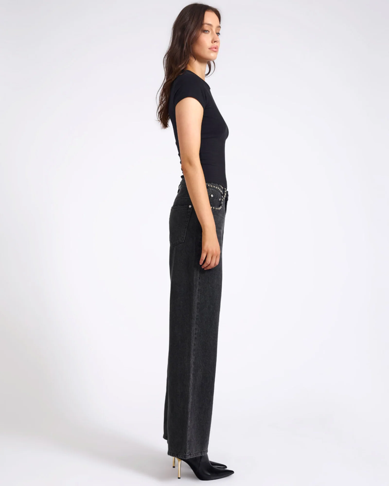 Jackson Mid Waist Wide Leg Studded Denim Jeans - Black - Image 7