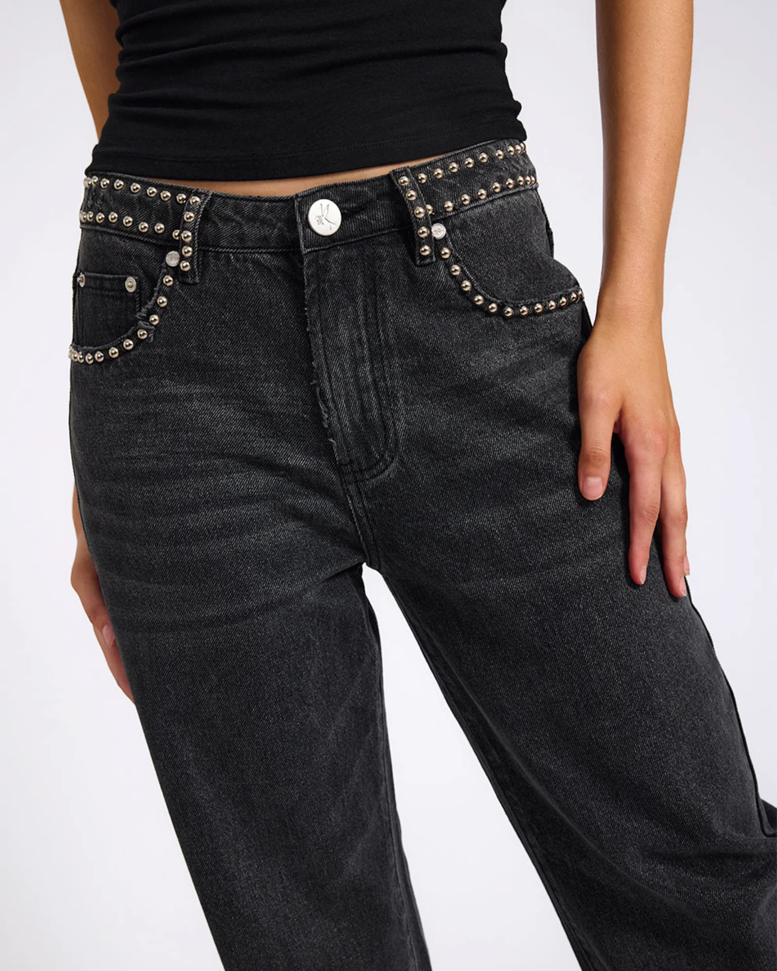 Jackson Mid Waist Wide Leg Studded Denim Jeans - Black - Image 9