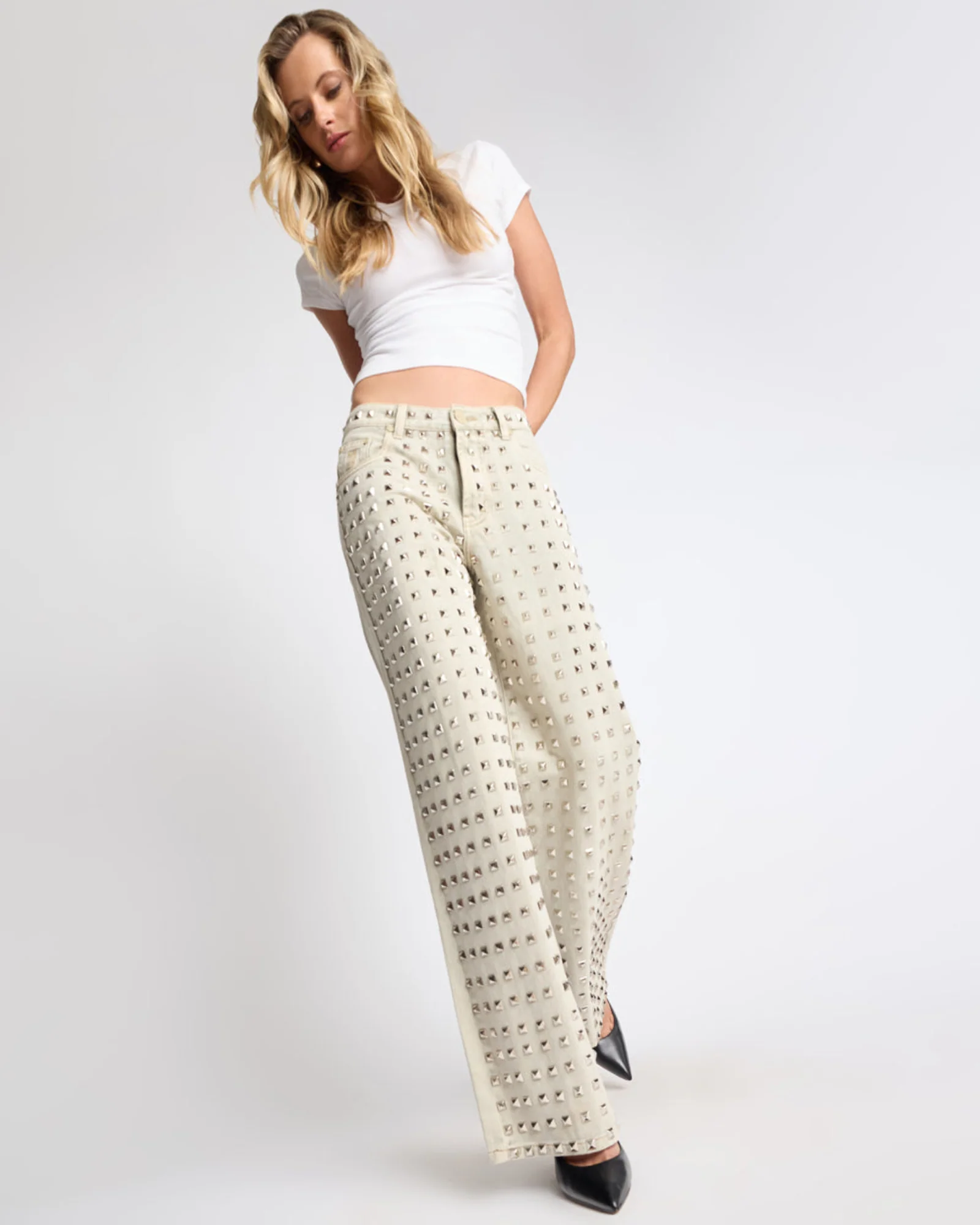 Jackson Mid Waist Wide Leg Studded Denim Jeans - Antique Khaki - Image 3