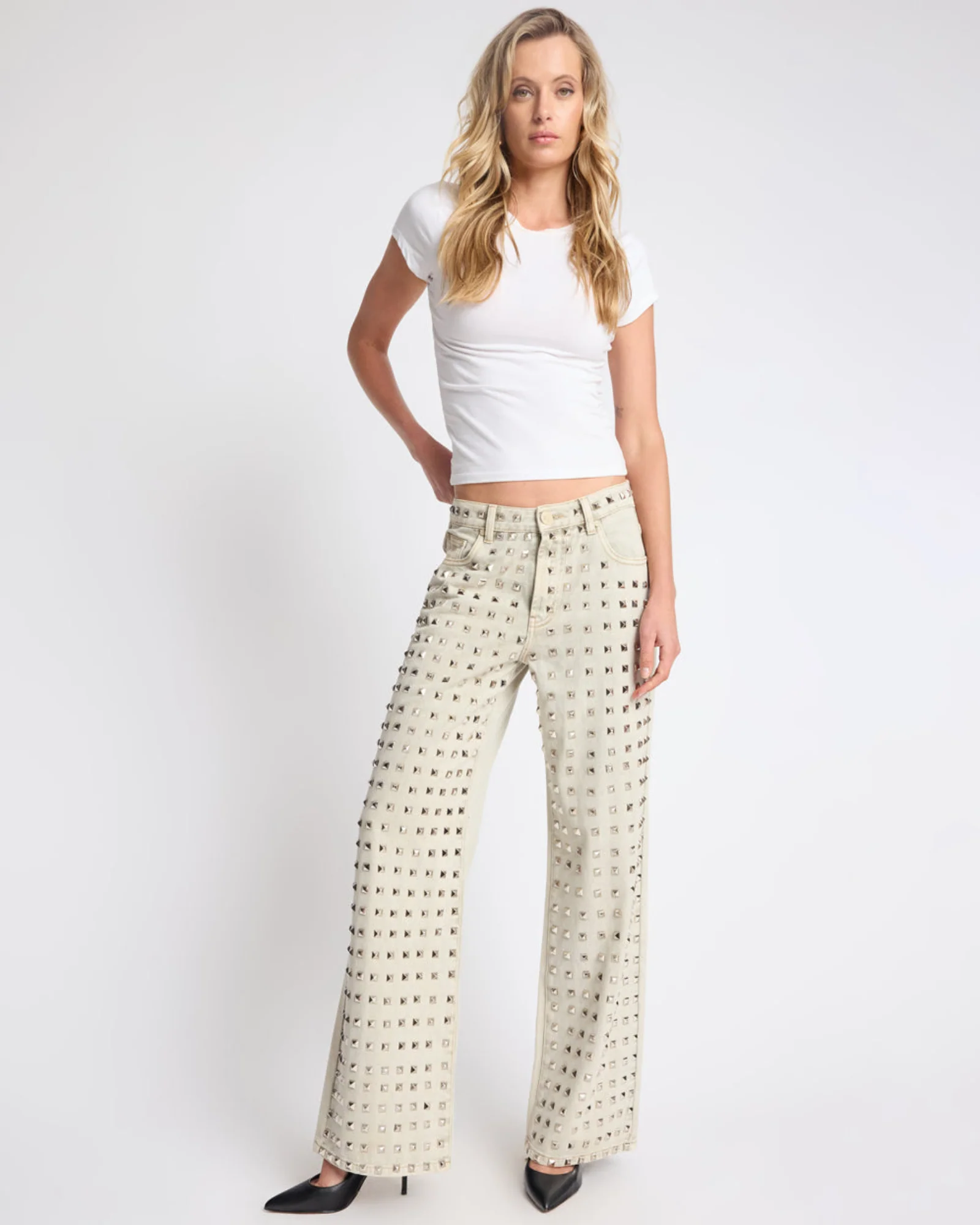 Jackson Mid Waist Wide Leg Studded Denim Jeans - Antique Khaki - Image 4