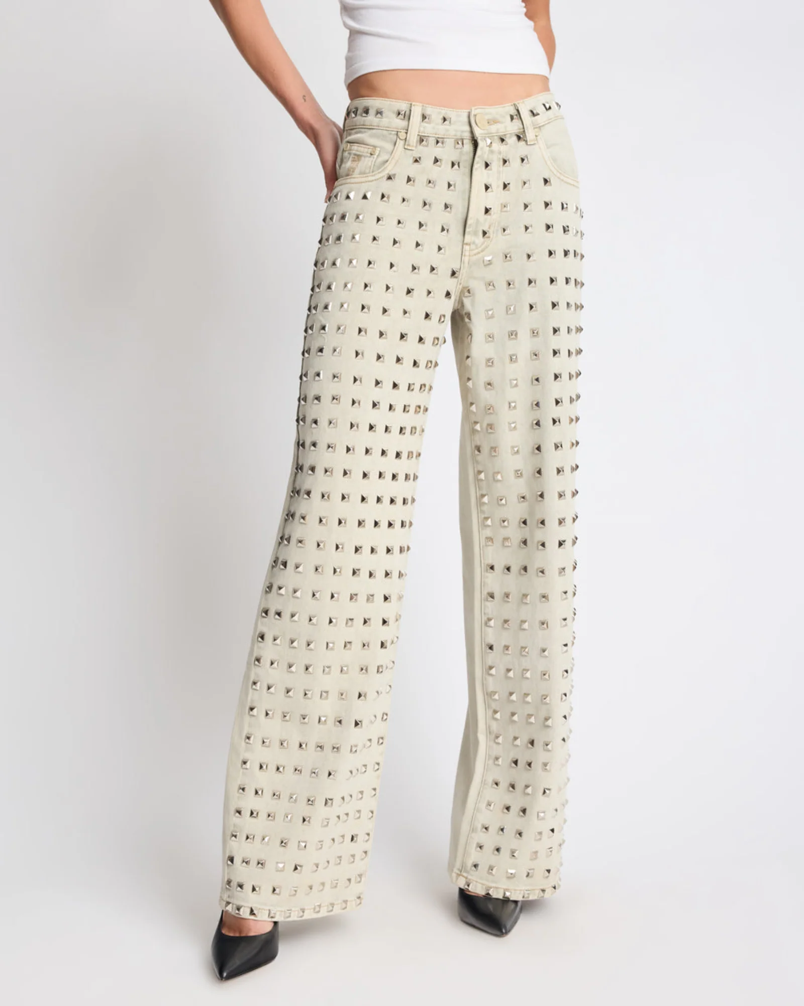 Jackson Mid Waist Wide Leg Studded Denim Jeans - Antique Khaki - Image 5