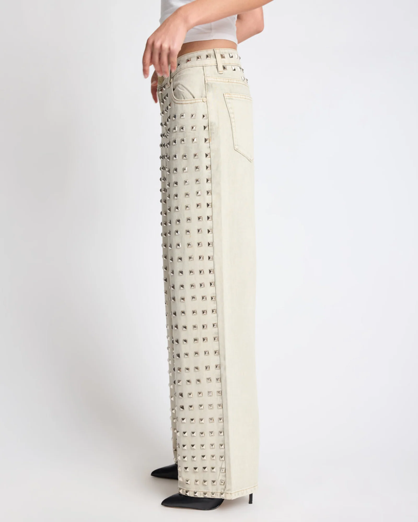 Jackson Mid Waist Wide Leg Studded Denim Jeans - Antique Khaki - Image 6