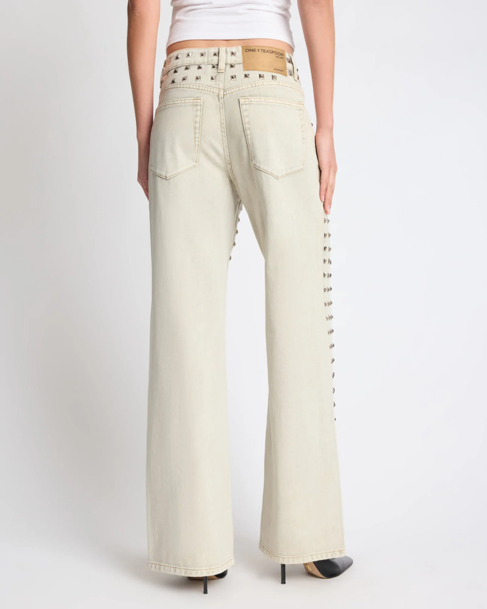 Jackson Mid Waist Wide Leg Studded Denim Jeans - Antique Khaki - Image 7