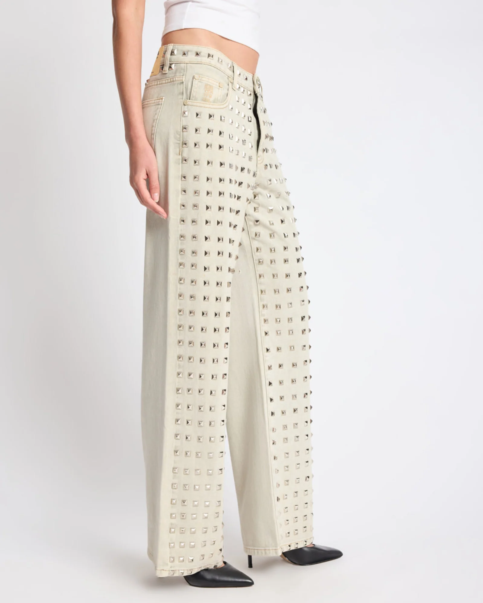 Jackson Mid Waist Wide Leg Studded Denim Jeans - Antique Khaki - Image 8