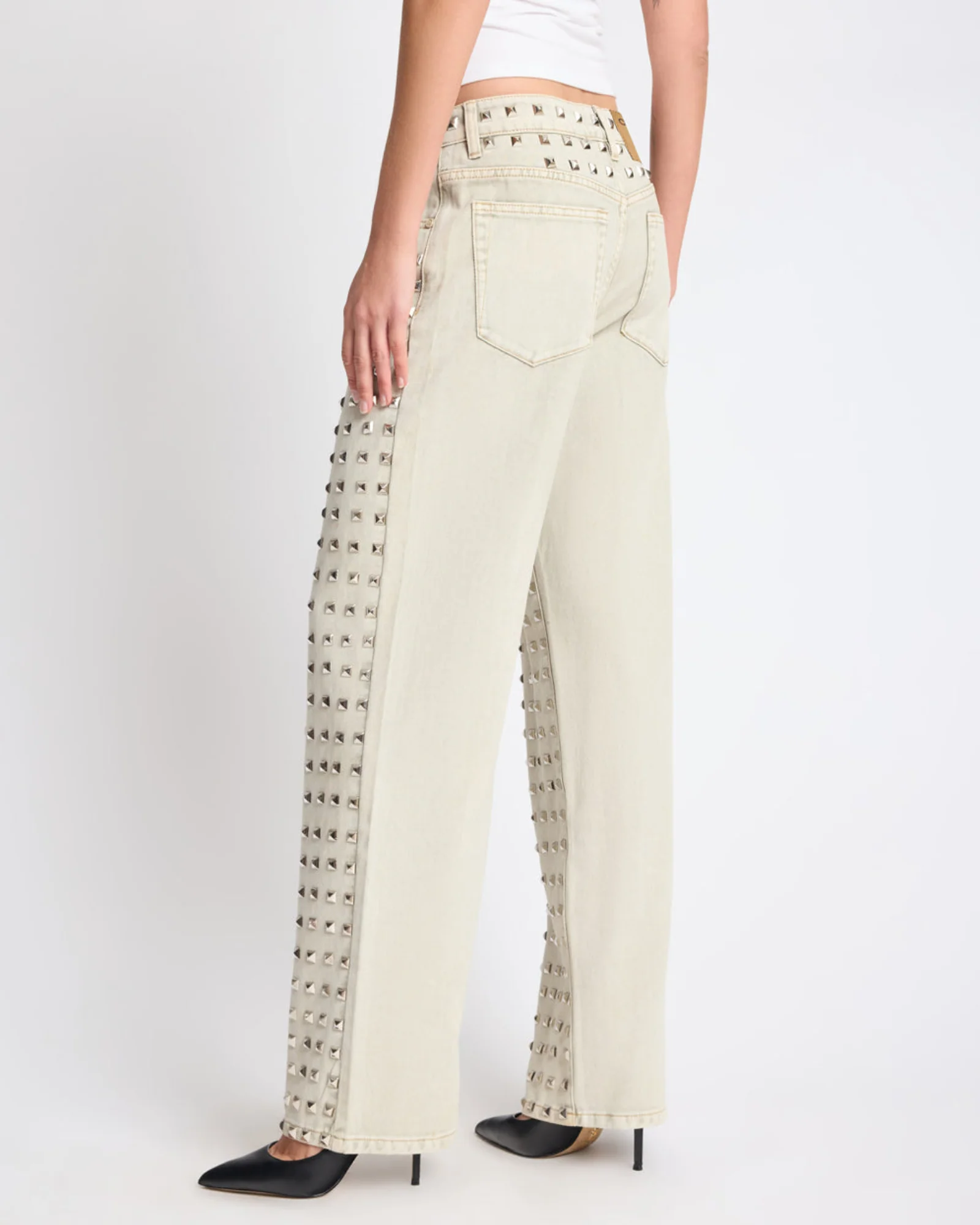 Jackson Mid Waist Wide Leg Studded Denim Jeans - Antique Khaki - Image 9