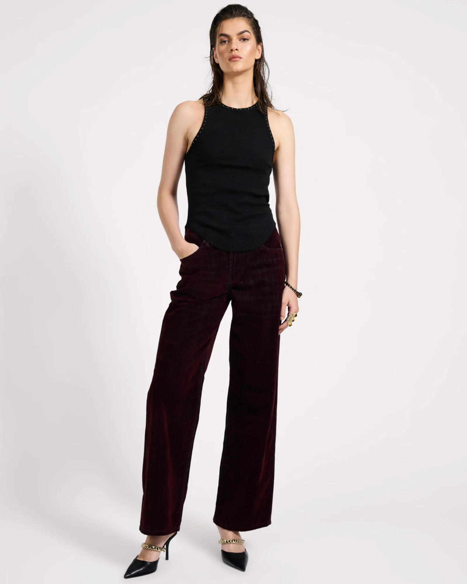 Jackson Mid Waist Wide Leg Velvet Finish Denim Jeans - Flocked Maroon